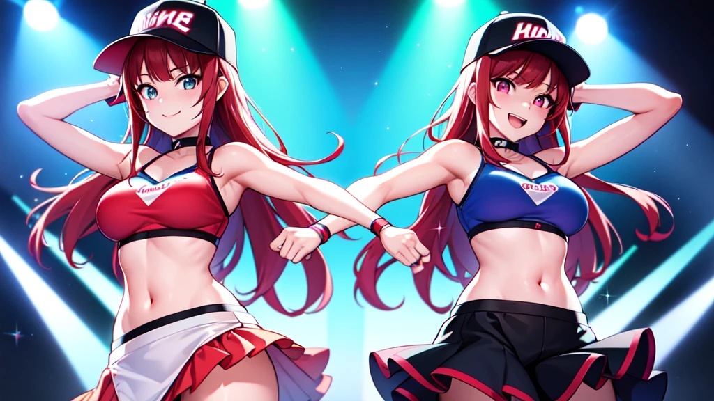 (masterpiece, high quality, detailed, sharp, anime:1.4), 2girls, solo, twin tail hair,  <lora:B_huge_breasts_woman:0.5> woman, stage, spotlight, closed mouth