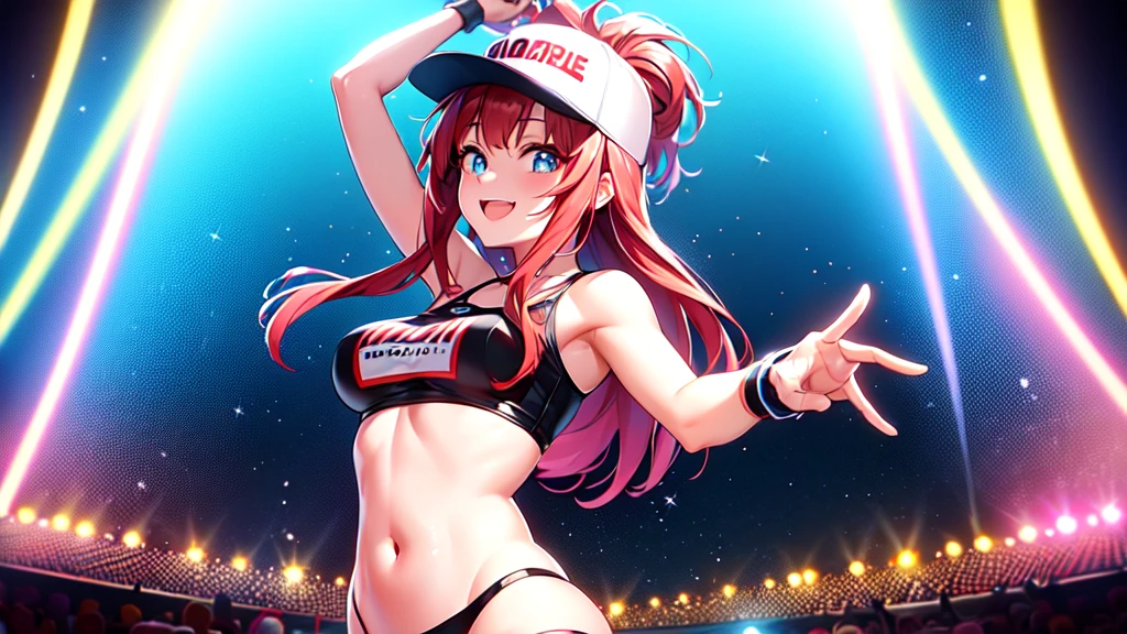 +sparkle+ 1_girlsolo, anime girl, long red hair, short bangs, baseball cap, blue bikini headphones, beach lighting,s,(best quality:1.2),(ultra-detailed:1.2),(realistic:1.37),HDR,vivid colors,portraits, figure,headphone girl,anime style, atmosphere,techno music,electronic dance music,festival vibes,hip hop beats,festival outfit,energetic dance moves,expressive eyes,hairstyle with vibrant colors,neon lights,beaming smile,positive vibes,high-energy performance,stylized backgrounds,colorful visuals,excitement in the air, arms behind head 