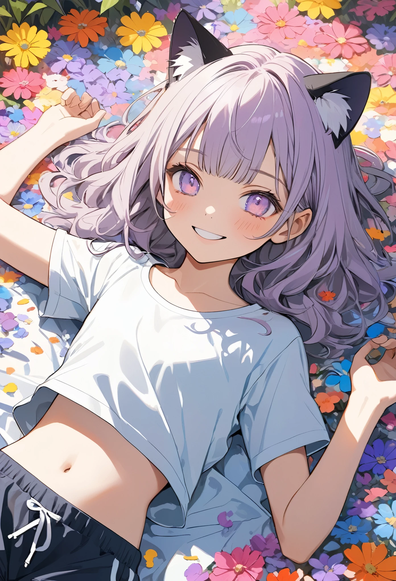 ((Masterpiece)), (Anime:1.3), ((best quality)), (super detail:1.2), (High Definition:1.3), (Professional Photography:1.2), ((12 years old)), (1girl), cute young girl, Textured skin, loose blunt bangs, (messy medium hair), very lewd and blush, sparkle eyes, cute makeup, 8K, Beautiful photo, (Healthy body), (Slender body), arm up, (small chest), cat ears, pale purple hair, Cute teenage Beautiful Girl, ((Very loose chested T-shirt)), (Beautiful colorful flower fields), petals,