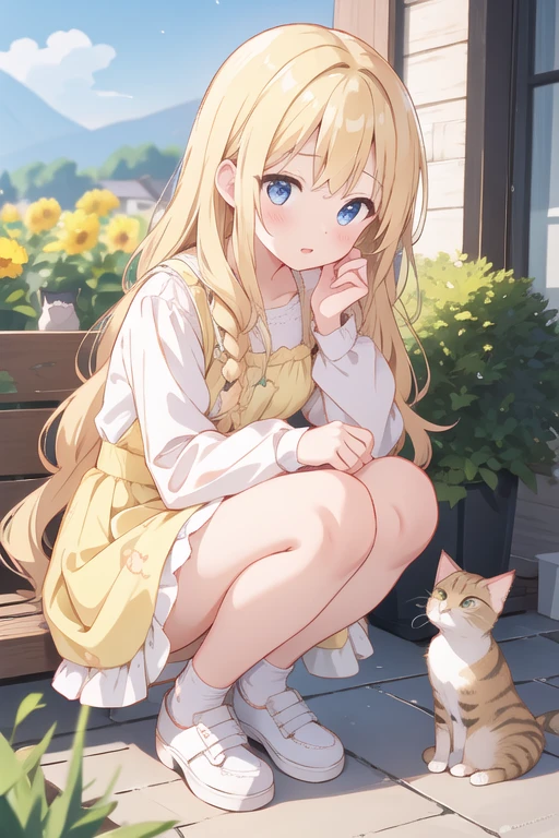 A girl with wavy blonde hair、Cute Dresses、squat、There is a cat at your feet、（The cat&#39;s pattern is black, white and brown calico.）、Laughing Girl、Grass garden、Behind is a Western-style mansion