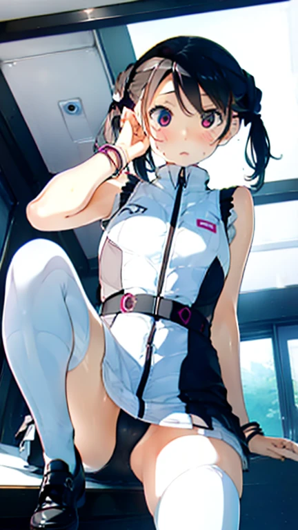(Highest quality), (masterpiece), 1080P, High resolution, 4K, 8k, Thigh straps, Shooting from directly below, The woman on top of me, Nipples, 白いSweat, Covered , Sweat, Woman looking down, Micro Bikini, Skirt swimsuit, Thigh-high socks, To achieve this, , Small breasts, whole body, Black leather shoes, Braided hair, Inner Color, Embarrassed face, Short black hair, bracelet, Bedroom,celestial body_Vest