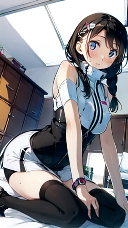 (Highest quality), (masterpiece), 1080P, High resolution, 4K, 8k, Thigh straps, Shooting from directly below, The woman on top of me, Nipples, 白いSweat, Covered , Sweat, Woman looking down, Micro Bikini, Skirt swimsuit, Thigh-high socks, To achieve this, , Small breasts, whole body, Black leather shoes, Braided hair, Inner Color, Embarrassed face, Short black hair, bracelet, Bedroom,celestial body_Vest