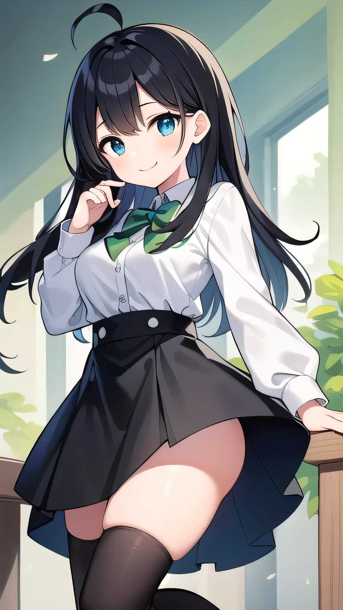  high schoolooks like an elementary school sty short:1.3), 140cm tall, bth a slight green tinge, short ahoge, beautiful long hair but with a little hair sticking out, beautiful round eyes, blue eyes, smile, boyish, long sleeves , thick clothes, skirt, big breasts, hair longer than waist, long hair, young face, dark greenish black hair, gentle smile, a little shy, skirt is black, hair is black but has a slight green tinge, boyish and gentle smile I have.
