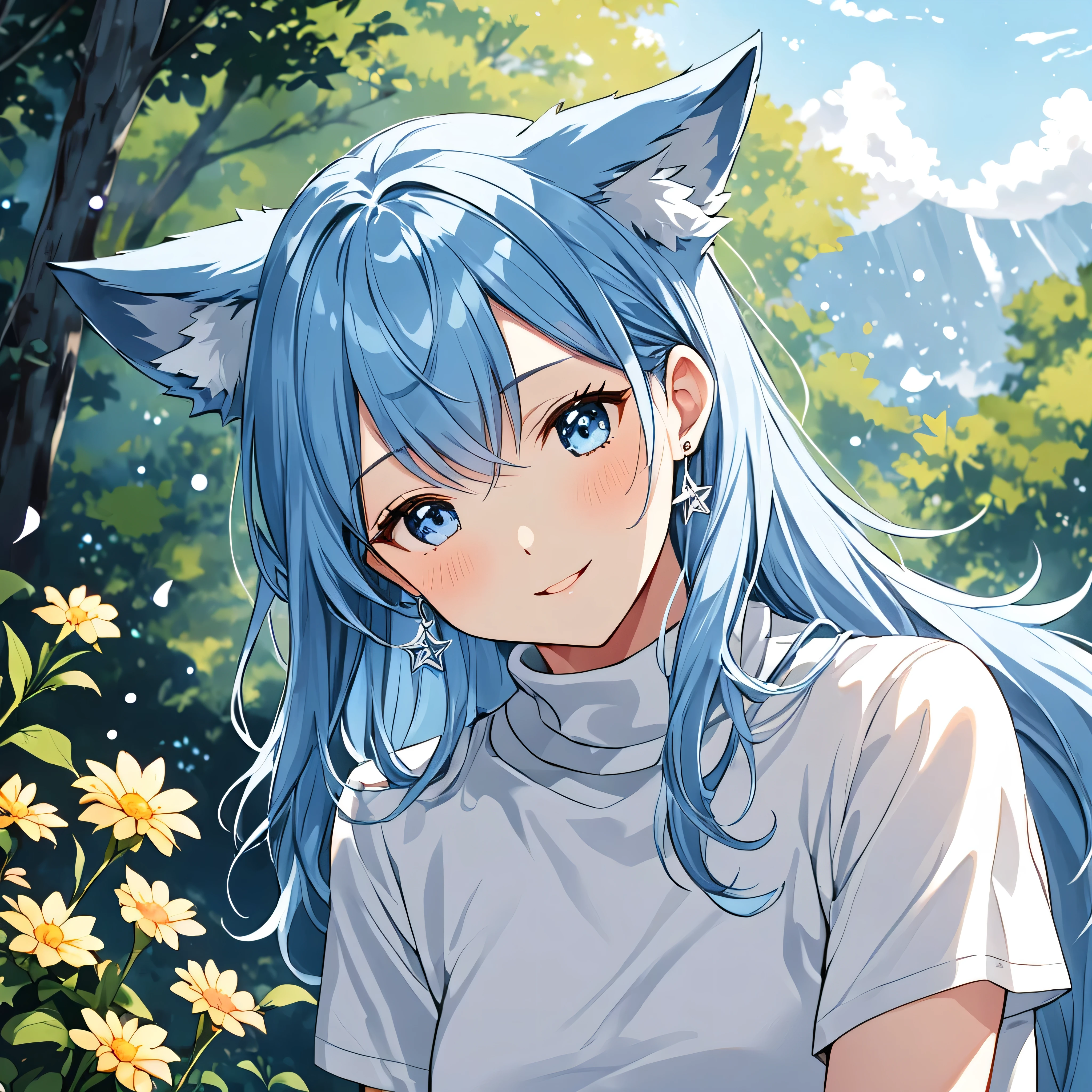 A girl with sky blue hair, long and a little wavy, falling gracefully from the shoulders.
 Big and clear, always glowing with curiosity and enthusiasm.
clear and smooth, with a lightness that highlights its semi-human nature.
 wolf's ears, covered in soft blue fur, positioned on top of the head, giving a lovely and distinguished look.
A blue wolf tail that wags happily, reflecting your emotions.
A white micro t-shirt with a turtleneck, fitted and with a cute design that matches your age.
A low-waisted pencil skirt, decorated with small star or flower designs for a childlike touch.
Slender and exposed, but in an appropriate and innocent way, highlighting your slender figure.
Small earrings in the shape of hearts or stars, adding a charm .
 Often seen with arms crossed cutely or with one hand raised, as if he was excitedly explaining something.
Always with a radiant smile or an expression of curiosity, ready to discover new stories.
Extremely curious and always asking questions, loving learning about the world around you.
 Full of energy and enthusiasm, Always on the move and ready for the next adventure.
 Very friendly and always ready to make new friends, being very loved by everyone who knows her.
She has a natural intuition that helps her find good stories and notice details that others might overlook.
It has a resistance slightly above average, allowing you to keep up with the pace of adventures without getting tired easily.
 Extremely developed hearing and smell, thanks to its wolf characteristics.
