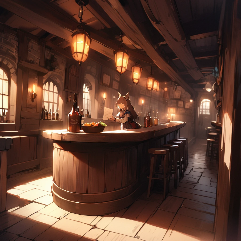 Girl with animal ears and tail，medieval bar，Dimly lit interior