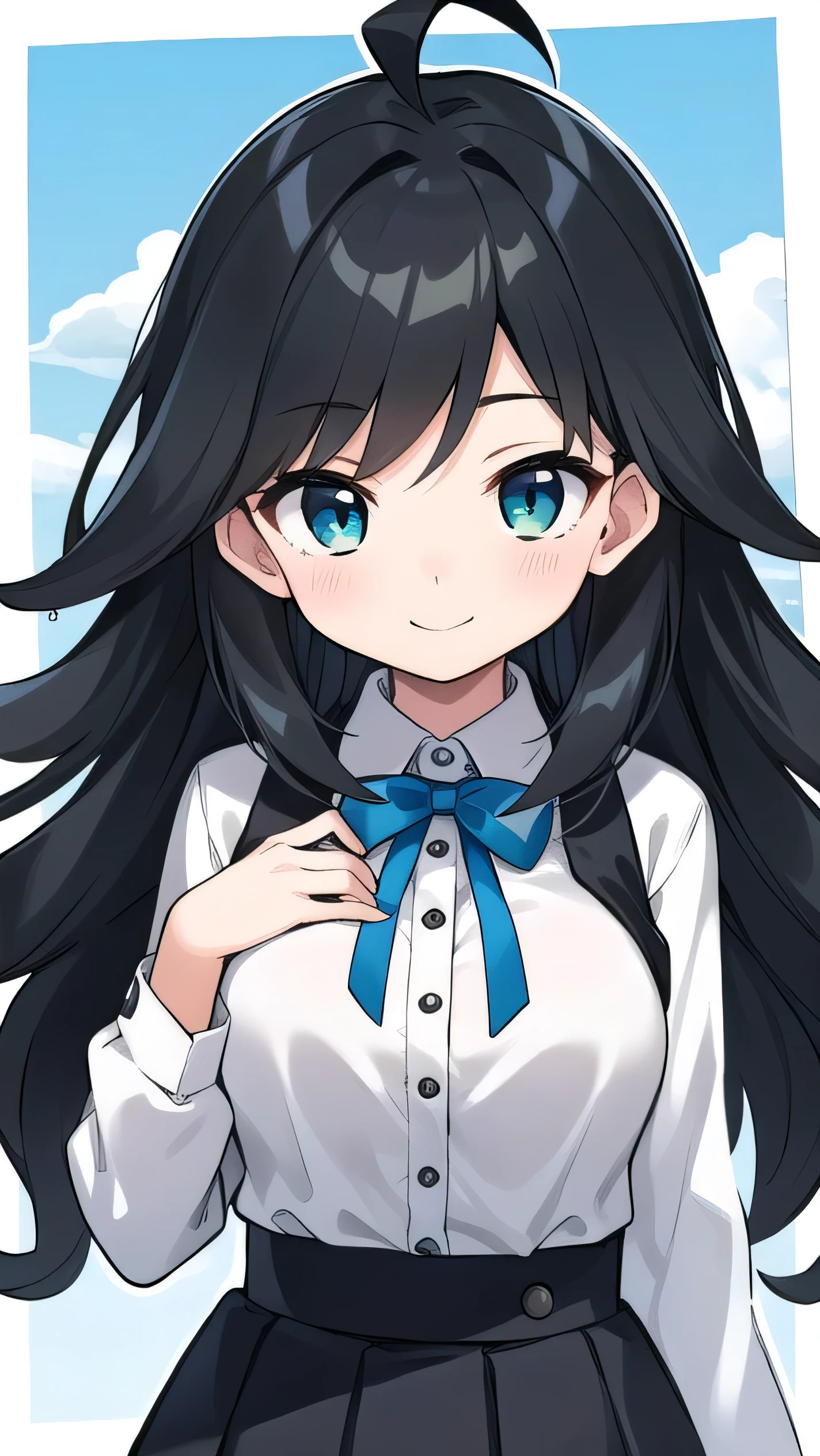 Junior high school student who looks like an elementary school student, , (very short:1.3), 140cm tall, black hair with a slight green tinge, short ahoge, beautiful long hair but with a little hair sticking out, beautiful round eyes, blue eyes, smile, boyish, long sleeves , thick clothes, skirt, big breasts, hair longer than waist, long hair, young face, dark greenish black hair, gentle smile, a little shy, skirt is black, hair is black but has a slight green tinge, boyish and gentle smile I have.
