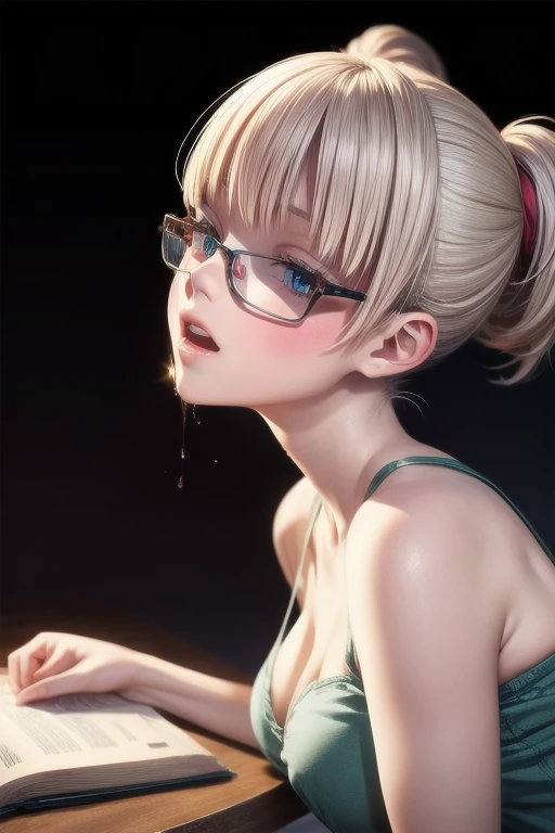 (Tabletop:1.0), (highest quality:1.4), (High resolution:1.2), From the side,Sharp contours,  boyish, highest quality, masterpiece,Glasses,Voice of the Heart,20-year-old woman,yandere,Big Breasts,Chest to chest,Lying face down,Upper Body,Ecstasy,saliva,blush,Squint your eyes,Heterochromia iridis,Tuck up your clothes,lure, 