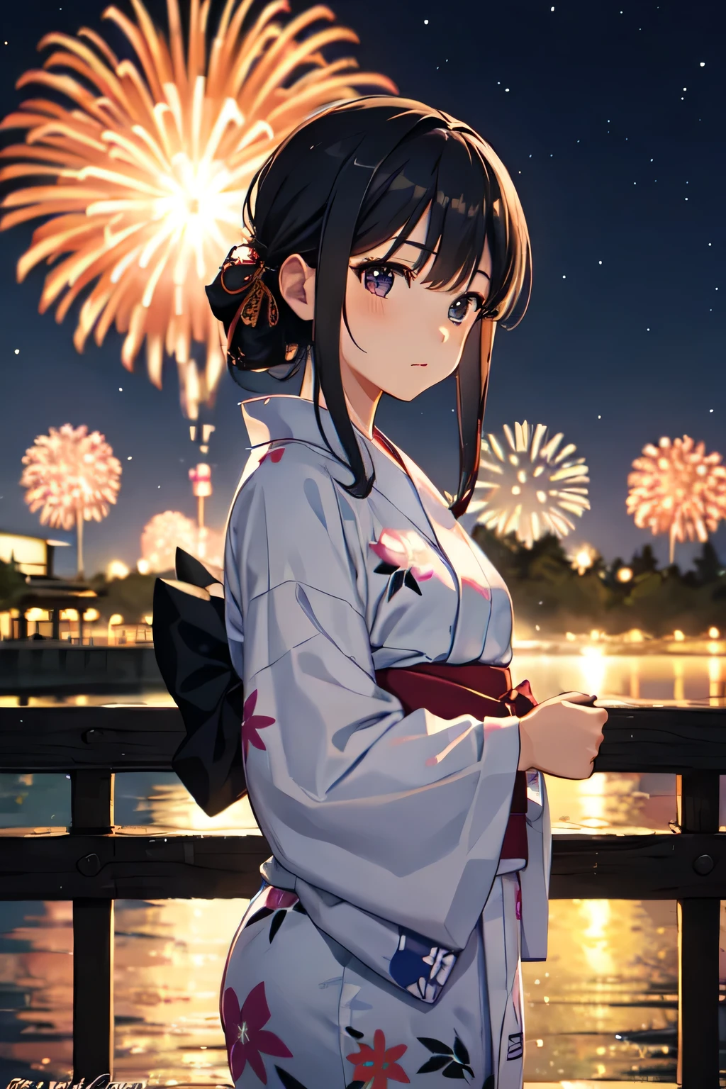 Watching fireworks　Lonely face　yukata　girl　very cute