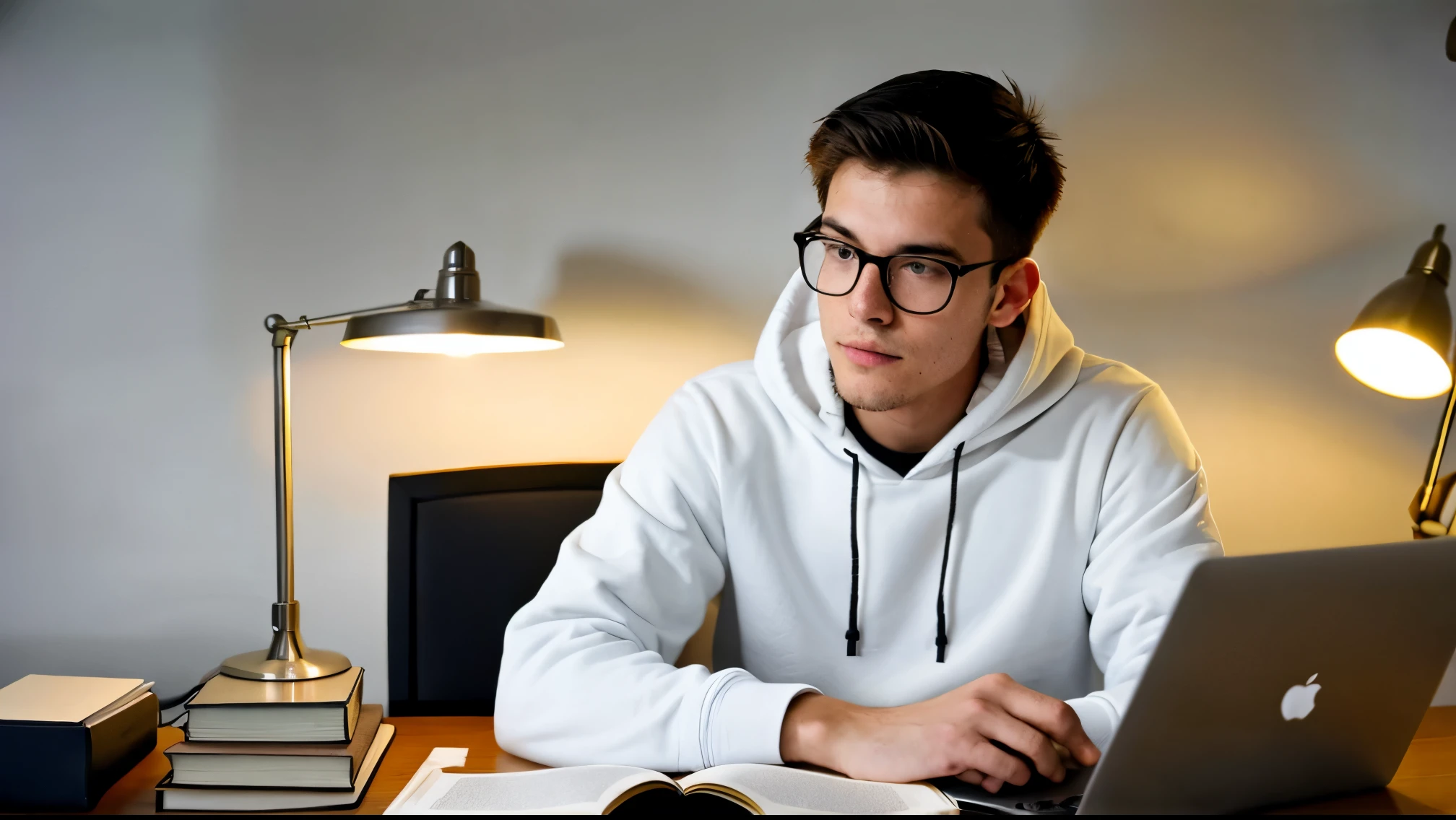 A young man around 20 years old, sitting at a desk, studying in front of a computer. He is wearing glasses and a hoodie. There are books scattered on the desk and a lit lamp. The photo should be taken from behind the young man, ensuring his face is not visible. The scene should have soft lighting from the lamp, creating a cozy and studious atmosphere.