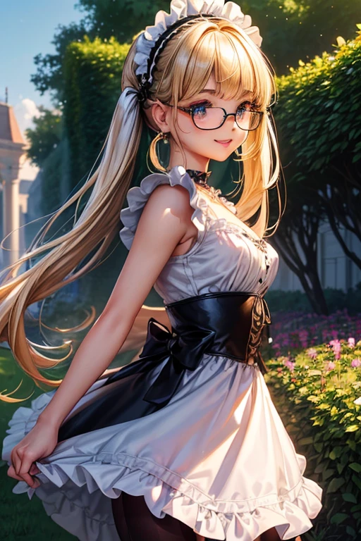 #基本 
A girl is posing for a photo, ((One Girl)), (((Baby Face:1.2)) + ((cute:1.3))), 
#A girl is posing for a photo, ((One Girl)), (((Baby Face)) + ((cute)) + 16 years old), 
break 

#Clothing Accessories 
(((Black and white)Gothic Lolita style maid outfit) : Elegant + (Dirndl) + Gothic Lolita Fashion + Dark Gothic Lolita + (black corset) + ((Black and white)Headdress) + (White apron)), (Low denier black pantyhose:1.4), (Black High Heels), ((Black frame glasses)), 
(Gold hoop earrings), (Silver Necklace), 
break 

#Features 
((Blonde)), (blunt bangs:1.5), (Twin tails : Long Hair + Thin Hair + Curly Hair),  
((Droopy eyes), (Kind eyes), (blue eyes), (Big eyes:1.4)), (Small breasts), 
break 

#background environment 
(noon, (The garden of a large Western-style mansion + grass + Garden of roses + The sun shines on the girl)), 
#Facial Expression Pose 
((smile:1.3), blush), (Standing with grace, ((heart hands)), (model posing)), 
#composition 
(To the camera, (Focus from the side), (Cowboy Shot)), 
break 

#Body parts elements 
(Slim figure), 
(Detailed Hair, Beautiful Hair, Shiny Hair), 
((Thin eyebrows), double eyelid, Long eyelashes), 
((Expression of fine eyes), (Beautiful and delicate eyes), (Sparkling eyes), Eye Reflexes, Glitter Eyeliner), 
(Human Ear), 
(Beautiful Nose, Thin Nose), 
(Glossy Lips, Beautiful Lips, Thick lips, Glossy Lips, Natural Cheeks), 
((Detailed face), Symmetrical facial features), 
((Detailed skin), Textured skin, Beautiful Skin, Glowing Skin, (Oily skin)), 
break 

#Quality Image Quality Common 
(((Highest quality)), ((masterpiece)), ((Very detailed))), ((Ultra-high resolution)), ((16K, 1080P)), ((FHD)), 
(Anatomically correct), (Realistic), (3DCG), (oil), 
#Quality image illustration 
((comics, anime)), (CG illustration), 
#Quality Image Quality Other 
(Line art), (Oil pastel), 
