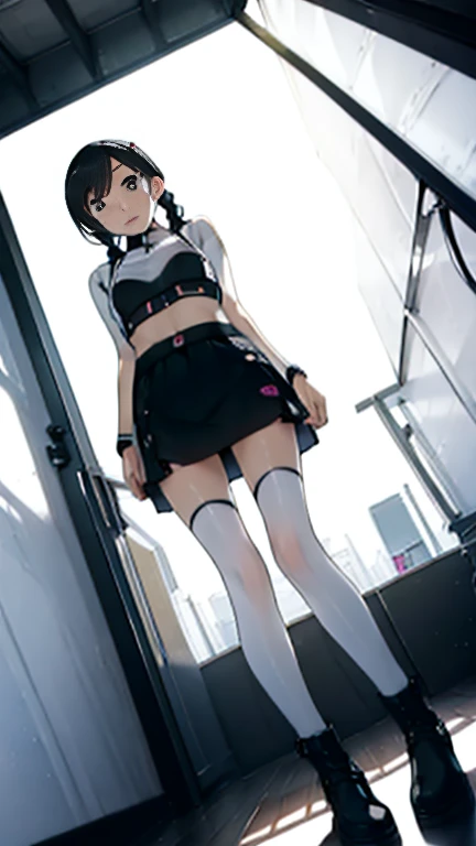 (Highest quality), (masterpiece), 1080P, High resolution, 4K, 8k, Thigh straps, Shooting from directly below, The woman on top of me, Nipples, 白いSweat, Covered , Sweat, Woman looking down, Micro Bikini, Skirt swimsuit, Thigh-high socks, To achieve this, 16 years old, Small breasts, whole body, Black leather shoes, Braided hair, Inner Color, Embarrassed face, Short black hair, bracelet, Bedroom,celestial body_Vest