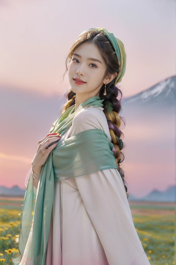 CG is extremely meticulous),(((8k)),background,((Extremely delicate and beautiful)),(((Masterpiece))),(((Best quality))),(((Ultra high resolution))),beautiful lighting,realistic shadows,(Flawless white skin:1.5),(Extremely delicate facial details:1.2),(super detailed:1.5),((A beautiful Korean girl, solo)),(pink headscarf:1.3),(short braided hair:1.2),(small head:1.2),(slender face:1.2),(delicate makeup:1.3),(happy:1.2),(smile:1.2),(yashmak on face:1.3),(necklace:1.2),(perfect body:1.1),(medium chest:1.2),(flat chest:1.2),((slender, thin)),(from front: 1.3),(standing: 1.3),(on green meadow full of colorful flowers: 1.5),(multicolored: 1.5),(cows and sheep: 1.2),(boreal forest: 1.2),(distant snowy mountains: 1.2),(pink sky: 1.2),(detailed background: 1.3),(outdoor: 1.3),(early summer: 1.3),(night scene: 1.5),(red aurora: 1.3),(close-up of face: 1.3), nude