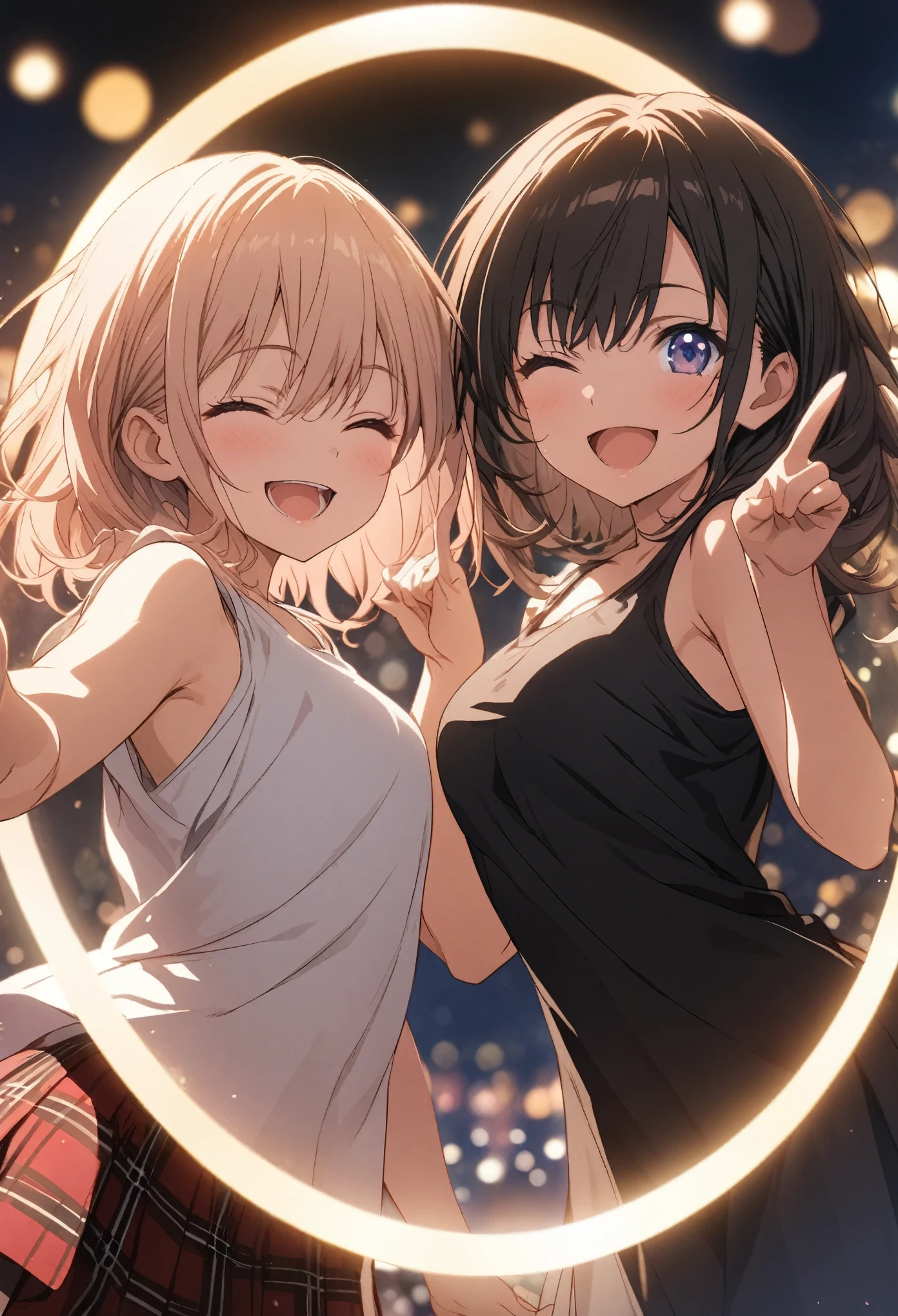 2 Girl, masterpiece, Highest quality, Highly detailed CG Unity 8k wallpaper, High School Girl Anime Illustration. Wear an oversized tank top, She is wearing a red and black checked skirt., twins, Hold up the index fingers of both hands, Finger guns pose, she has her eyes closed and mouth open, smile. Bokeh, (Soft Focus):1.2, Out of focus highlights, Dreamy atmosphere, Glowing circle, Fascinating Depth, The background is a realistic landscape