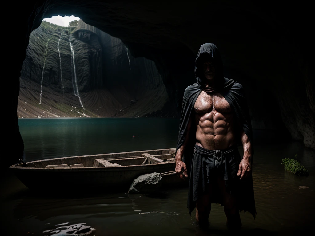 scene depicting a pensive, muscular old man as a ferryman across a huge  lake in an underground cave. The old man is dressed in shreds of a black cape with a hood, revealing his muscular torso. He is standing on the boat. The shore of the lake is covered with stone rubble and bones of people and animals. The entire scene is illuminated by gloomy and mysterious light creating an interesting chiaroscuro.