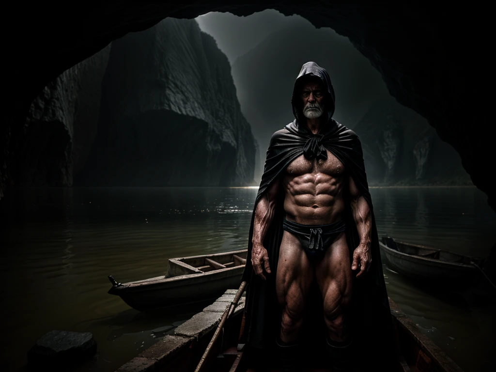 scene depicting a pensive, muscular old man as a ferryman across a huge lake in an underground cave. The old man is dressed in shreds of a black cape with a hood, revealing his muscular torso. He is standing on the boat. The shore of the lake is covered with stone rubble and bones of people and animals. The entire scene is illuminated by gloomy and mysterious light creating an interesting chiaroscuro.