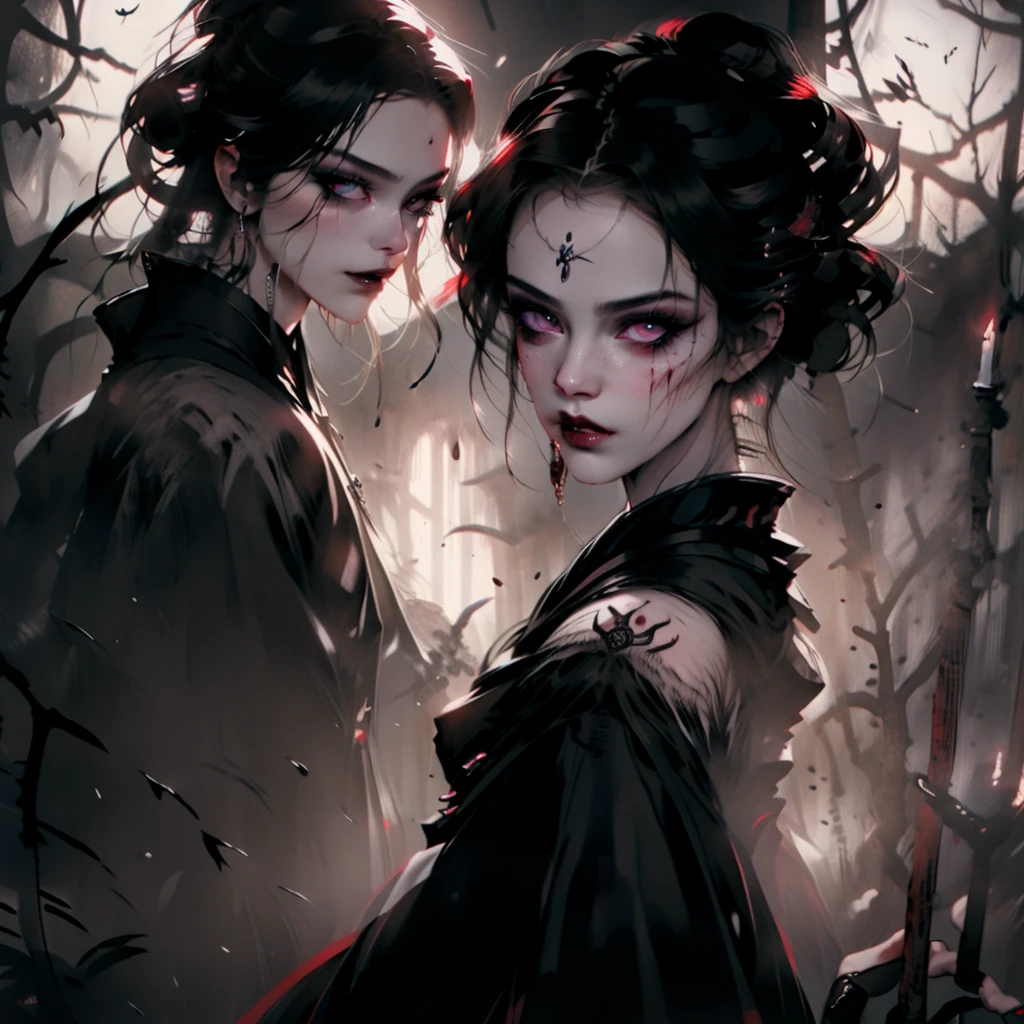 In Anime-art style, pixiv, masterpiece, 1 girl, (Close-up:1.1),Very Close to the Viewer( only half of the face is visible), soft lighting, Bloody sky, bloody environment, bloody rain, dark silhouettes, красный blood vibe, red vibe настроение, red like your blood, vampire life, Gothic, mysterious facial expressions, tattoos, aesthetics, rings and finger rings, web, head covered with dark cloth, Vampirism, на заднем фоне dark silhouettes, the character is closer to the viewer, видно только one eye, Focus on the character, Close-up, symbolism, a ritual, mirrors and paintings in the background, reflections, on the avatar, Dark art style, Blood runs down his face, portrait, leader, leads the concept, silhouettes behind, chaos, the weather is terrible, someone is spectating on her, DALLE, Close-up больших демонических глаз, сложные eyes, Unique Demon Ghouls, These images feature a dark, anime-style warrior with intricate tattoos and glowing red eyes, holding a blood-stained katana. The background includes a moonlit scene with shadowy samurai figures and a mysterious reaper, balanced to give equal focus to both the warrior and the background elements, creating a masterpiece, Digital art, city on the skyline, dark lighting, permission 1:1, blond hair, kimono, katana, Shanghai, nails painted black, in detail, moon and shadows, eyes, в eyesх отражение битвы, mysticism in the background, split personality, в eyesх готовится к битве, необычные eyes, scene, add more details, dark, fingers are proportional, serious look, holding a katana in his hands, only half of the face is visible, dystopia, night lighting, motion blur, красная и кровавая aesthetics, one eye, Close-up
