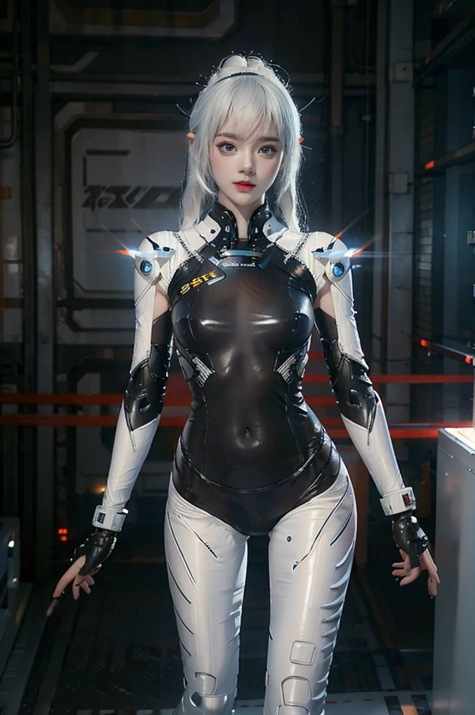 best quality, 1080P, Masterpiece, Whole body photo, Ultra high resolution, photorealistic photo, ultra realism, Realistic skin texture, Extreme skin detail, dslr, Detailed eyes, Facing the camera, Very beautiful face, Firm facial structure, Pale skin, Realistic skin texture, Extreme skin detail, oc render reflection textures, Realistic light and shadow, one picture, alone, The body will be slender and balanced., Age 20, Height 170, no underwear, Flat stomach, (Shiny white leather bodysuit), full body view, Whole body photo, A girl with the body of a mechanical robot., Transparent futuristic white glass mech armor., cyberpunk,