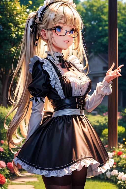 #基本 
A girl is posing for a photo, ((One Girl)), (((Baby Face:1.2)) + ((cute:1.3))), 
#A girl is posing for a photo, ((One Girl)), (((Baby Face)) + ((cute)) + 16 years old), 
break 

#Clothing Accessories 
(((Black and white)Gothic Lolita style maid outfit) : Elegant + (Dirndl) + Gothic Lolita Fashion + Dark Gothic Lolita + (black corset) + ((Black and white)Headdress) + (White apron)), (Low denier black pantyhose:1.4), (Black High Heels), ((Black frame glasses)), 
(Gold hoop earrings), (Silver Necklace), 
break 

#Features 
((Blonde)), (blunt bangs:1.5), (Twin tails : Long Hair + Thin Hair + Curly Hair),  
((Droopy eyes), (Kind eyes), (blue eyes), (Big eyes:1.4)), (Small breasts), 
break 

#background environment 
(noon, (The garden of a large Western-style mansion + grass + Garden of roses + The sun shines on the girl)), 
#Facial Expression Pose 
((smile:1.3), blush), (Standing with grace, ((heart hands))), 
#composition 
(To the camera, (Focus from the side), (Cowboy Shot)), 
break 

#Body parts elements 
(Slim figure), 
(Detailed Hair, Beautiful Hair, Shiny Hair), 
((Thin eyebrows), double eyelid, Long eyelashes), 
((Expression of fine eyes), (Beautiful and delicate eyes), (Sparkling eyes), Eye Reflexes, Glitter Eyeliner), 
(Human Ear), 
(Beautiful Nose, Thin Nose), 
(Glossy Lips, Beautiful Lips, Thick lips, Glossy Lips, Natural Cheeks), 
((Detailed face), Symmetrical facial features), 
((Detailed skin), Textured skin, Beautiful Skin, Glowing Skin, (Oily skin)), 
break 

#Quality Image Quality Common 
(((Highest quality)), ((masterpiece)), ((Very detailed))), ((Ultra-high resolution)), ((16K, 1080P)), ((FHD)), 
(Anatomically correct), (Realistic), (3DCG), (oil), 
#Quality image illustration 
((comics, anime)), (CG illustration), 
#Quality Image Quality Other 
(Line art), (Oil pastel), 
