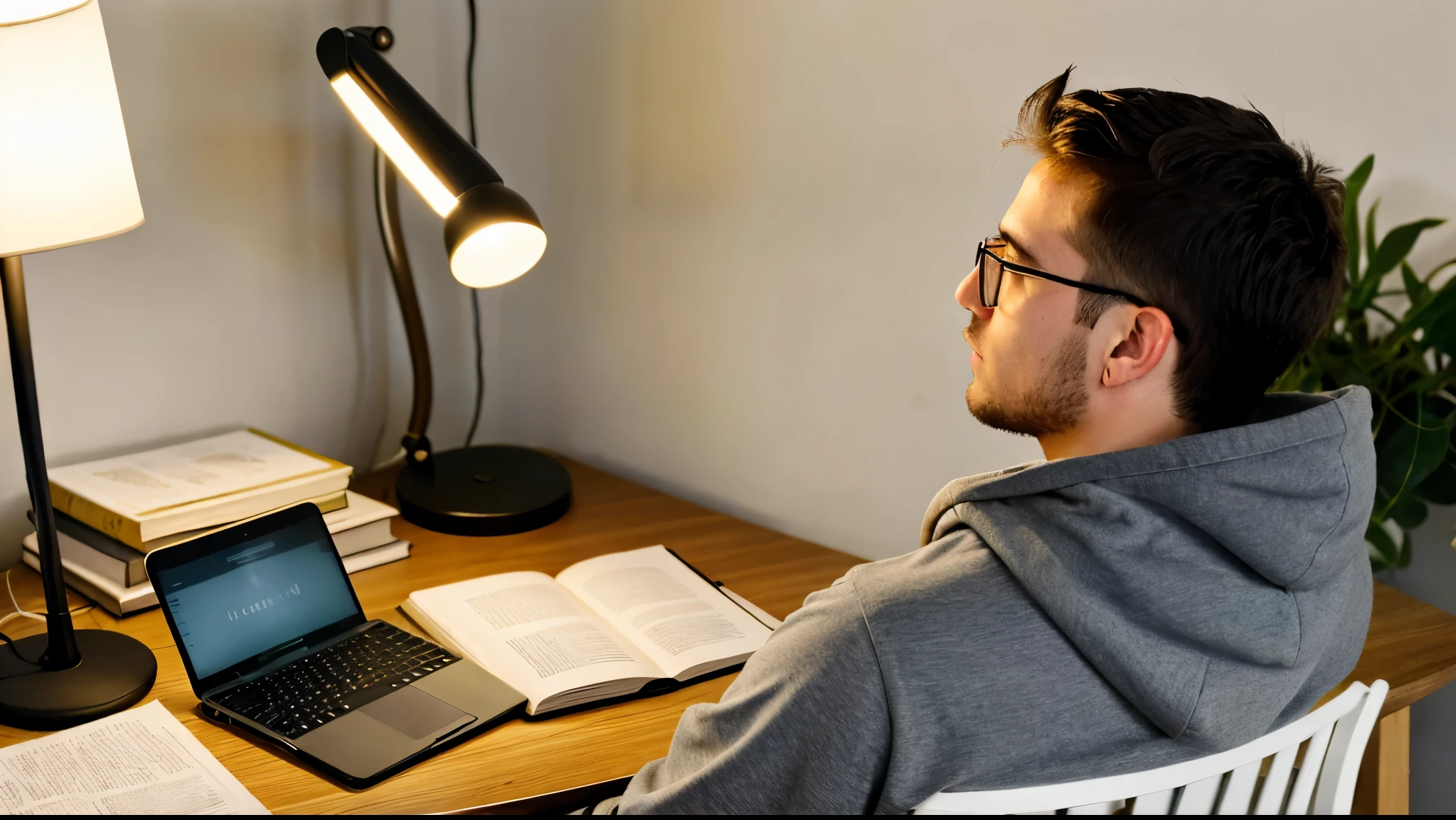 A young man around 20 years old, sitting at a desk, studying in front of a computer. He is wearing glasses and a hoodie. There are books scattered on the desk and a lit lamp. The photo should be taken from behind the young man, ensuring his face is not visible. The scene should have soft lighting from the lamp, creating a cozy and studious atmosphere.