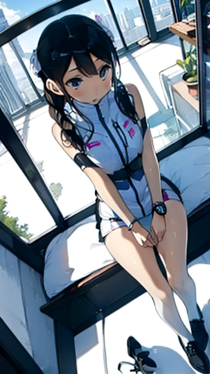 (Highest quality), (masterpiece), 1080P, High resolution, 4K, 8k, Thigh straps, Shooting from directly below, The woman on top of me, Nipples, 白いSweat, Covered , Sweat, Woman looking down, Micro Bikini, Skirt swimsuit, Thigh-high socks, To achieve this, 16 years old, Small breasts, whole body, Black leather shoes, Braided hair, Inner Color, Embarrassed face, Short black hair, bracelet, Bedroom,celestial body_Vest
