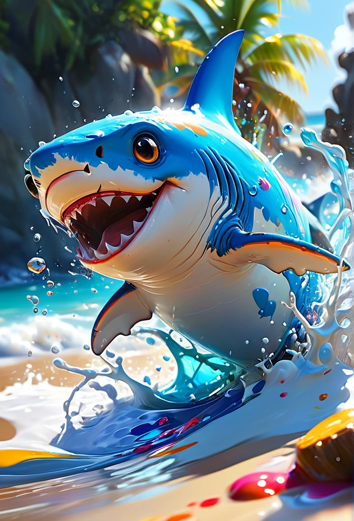 Splash Art, Cute Shark（Game Characters、Big eyes、Splashing water with its tail）, wonderfulインスタグラム, Art Station, Colorful paint splash style+, Very detailed、Exquisitely crafted down to the last detail, Engine Unreal, wonderful, Details Complexity, Splash screen, Complementary Color, Realistic concept art, 8k resolution, deviantart masterpiece, Oil, Thick brushwork, Paint dripping, Splash Art，Sandy beach in the background，
