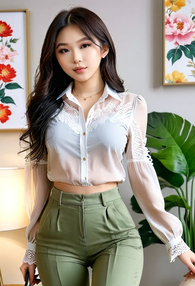 ((Best resolution)), ((high quality:1.2)), Work of art, 8k, extremely detailed, ((High detail:1.2)), (Hotlexi woman), Solo, 24 year old Korean Ulzzang female, (blouse, pants), (beautiful perfect face:1.23),