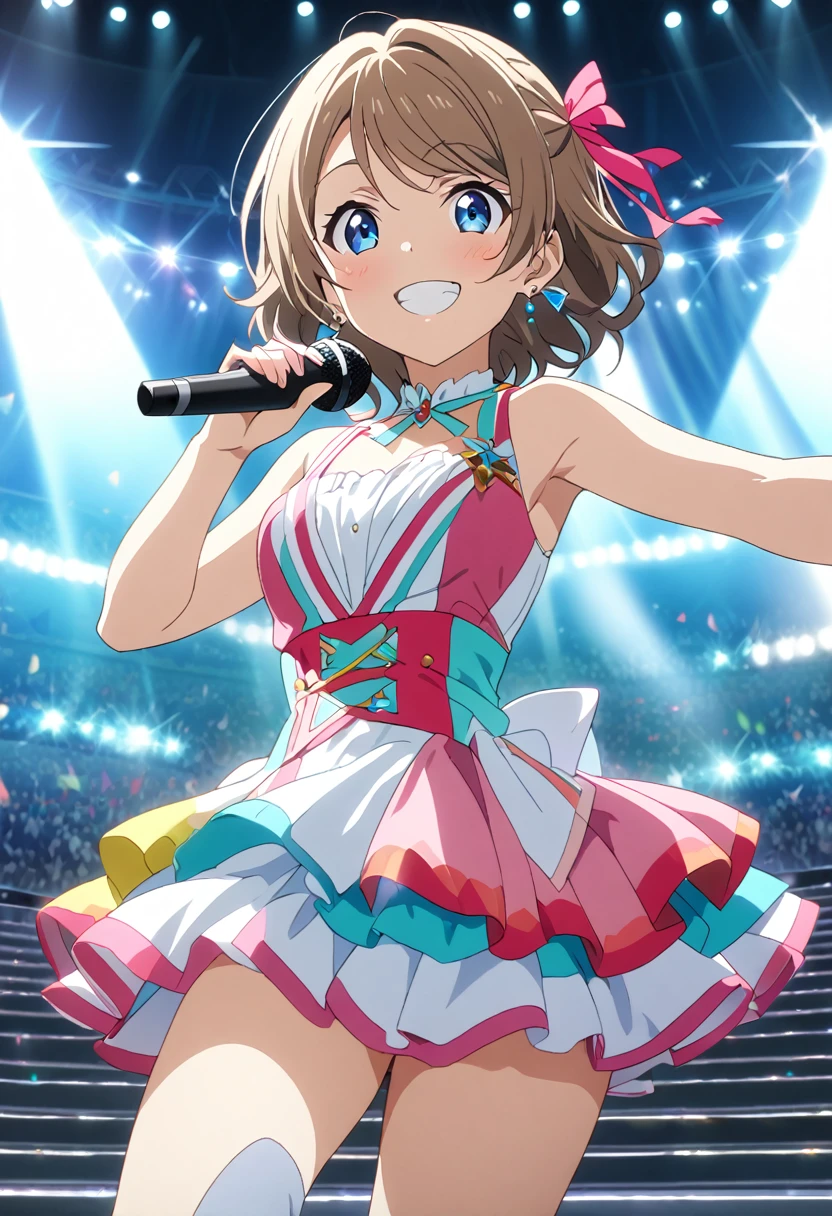 1 girls, concert hall, arena, Full-HD, 8K, absurdres, masterpiece, best quality, ultra detailed, beautiful, exquisite, delightful, cheerful grin, wink, looking at viewer, front view, with a microphone, hair ribbon, earrings, knee socks, idol, cute, beautiful, in a bright and colorful world, anime, cell anime, 2d anime, hard-edged, soft surface, closeup shot, half body photo, front view, golden ratio, stage lights,Perfect Hand Style, ,you watanabe, blue eyes, brown hair, short hair, swept bangs,