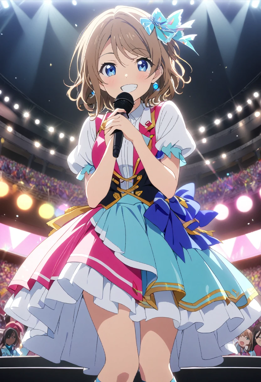 1 girls, concert hall, arena, Full-HD, 8K, absurdres, masterpiece, best quality, ultra detailed, beautiful, exquisite, delightful, cheerful grin, wink, looking at viewer, front view, with a microphone, hair ribbon, earrings, knee socks, idol, cute, beautiful, in a bright and colorful world, anime, cell anime, 2d anime, hard-edged, soft surface, closeup shot, half body photo, front view, golden ratio, stage lights,Perfect Hand Style, ,you watanabe, blue eyes, brown hair, short hair, swept bangs,