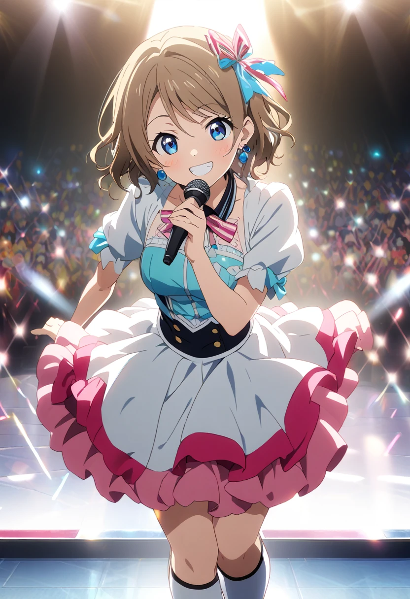 1 girls, concert hall, arena, Full-HD, 8K, absurdres, masterpiece, best quality, ultra detailed, beautiful, exquisite, delightful, cheerful grin, wink, looking at viewer, front view, with a microphone, hair ribbon, earrings, knee socks, idol, cute, beautiful, in a bright and colorful world, anime, cell anime, 2d anime, hard-edged, soft surface, closeup shot, half body photo, front view, golden ratio, stage lights,Perfect Hand Style, ,you watanabe, blue eyes, brown hair, short hair, swept bangs,