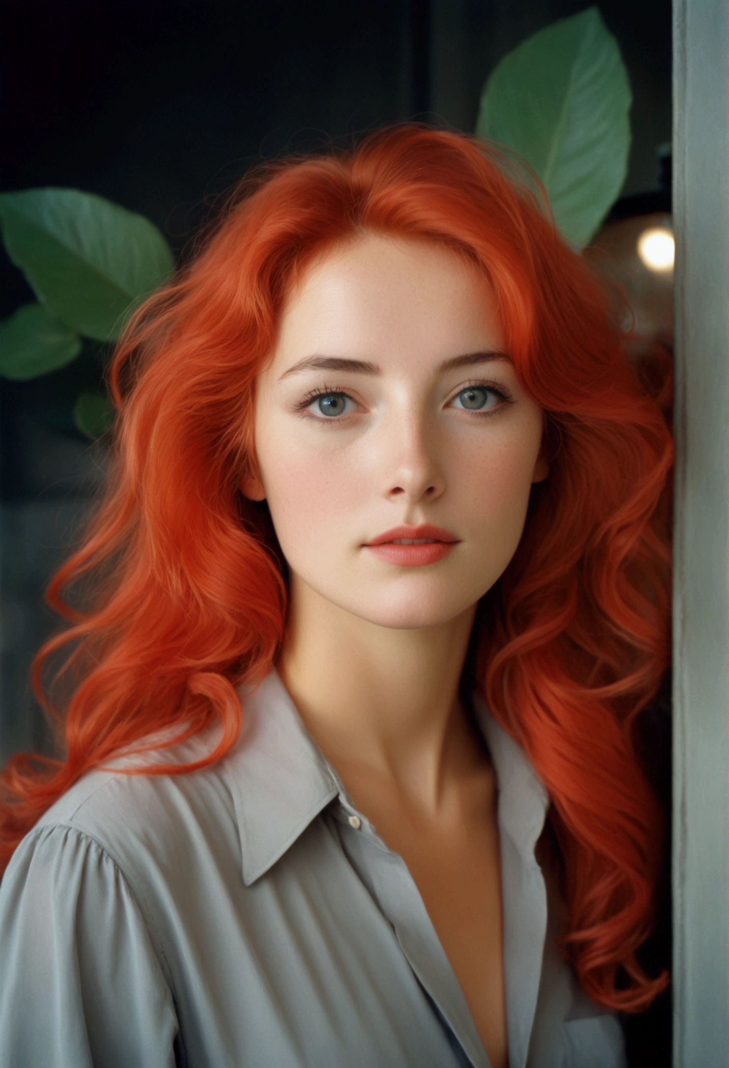 Photographie analogique, film céréalier, Photo d'époque, , Le flash, Esthétique Lo-Fi:: La femme, Elle est vêtue d'une chemise rouge., Un look réfléchi avec des cheveux gris très courts., rayon de lumière, beauté, chaud, Situé au café