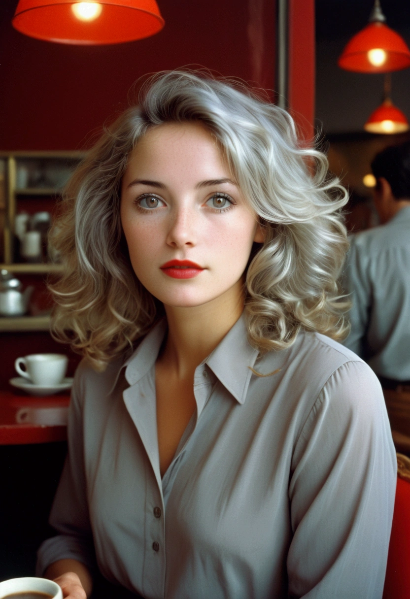 Photographie analogique, film céréalier, Photo d'époque, , Le flash, Esthétique Lo-Fi:: La femme, Elle est vêtue d'une chemise rouge., Un look réfléchi avec des cheveux gris très courts., rayon de lumière, beauté, chaud, Situé au café