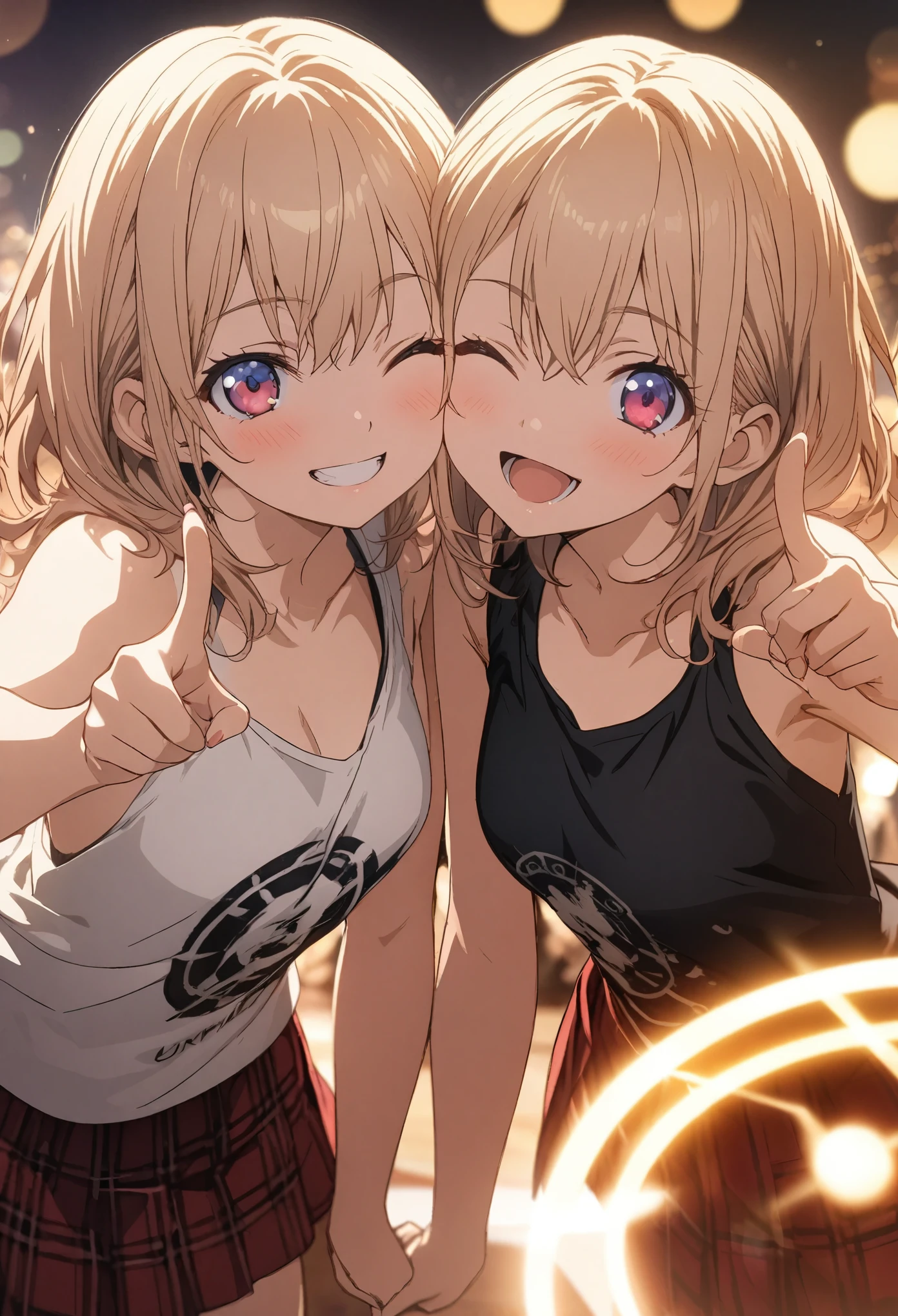 2 Girl, masterpiece, Highest quality, Highly detailed CG Unity 8k wallpaper, High School Girl Anime Illustration. Wear an oversized tank top, She is wearing a red and black checked skirt., twins, Hold up the index fingers of both hands, Finger guns pose, she has her eyes closed and mouth open, smile. Bokeh, (Soft Focus):1.2, Out of focus highlights, Dreamy atmosphere, Glowing circle, Fascinating Depth, The background is a realistic landscape