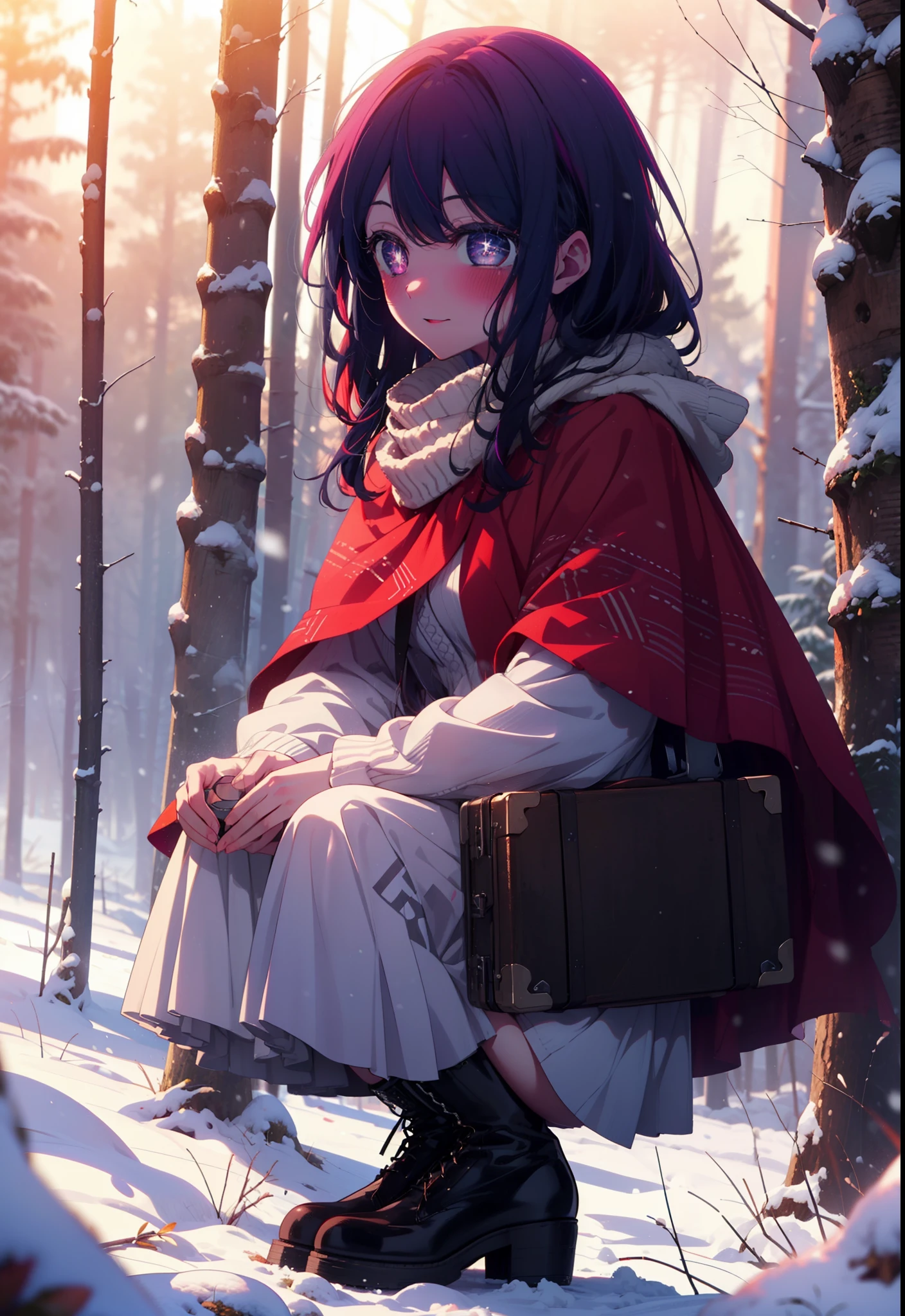 aihoshino, Ai Hoshino, Long Hair, bangs, (Purple eyes:1.1), Purple Hair, (Symbol-shaped pupil:1.5), smile,,smile,blush,white breath,
Open your mouth,snow,Ground bonfire, Outdoor, boots, snowing, From the side, wood, suitcase, Cape, Blurred, , forest, White handbag, nature, Squat, Mouth closed, Cape, winter, Written boundary depth, Black shoes, red Cape break looking at viewer, Upper Body, whole body, break Outdoor, forest, nature, break (masterpiece:1.2), Highest quality, High resolution, unity 8k wallpaper, (shape:0.8), (Beautiful and beautiful eyes:1.6), Highly detailed face, Perfect lighting, Extremely detailed CG, (Perfect hands, Perfect Anatomy),