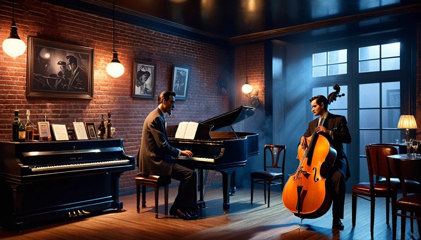 Interior of a very smoky vintage Parisian jazz club at night, The soft light of the pendant light、Young attractive couple playing cello and piano in a fantastical。, Brick wall decorated with rhythmic shadow playing, A tranquil and enchanting atmosphere, 3D Rendering, To create a realistic yet fantastical scene、Diner scene with detailed textures and lighting, film noir jazz bar, drawn in a neo - noir style, neo - noir style, Neo-Noir Setting, neo noir style, inspired by f.. scott hess, Thomas Dalziel, film noir realistic, inspired by f. scott hess CFGスケール