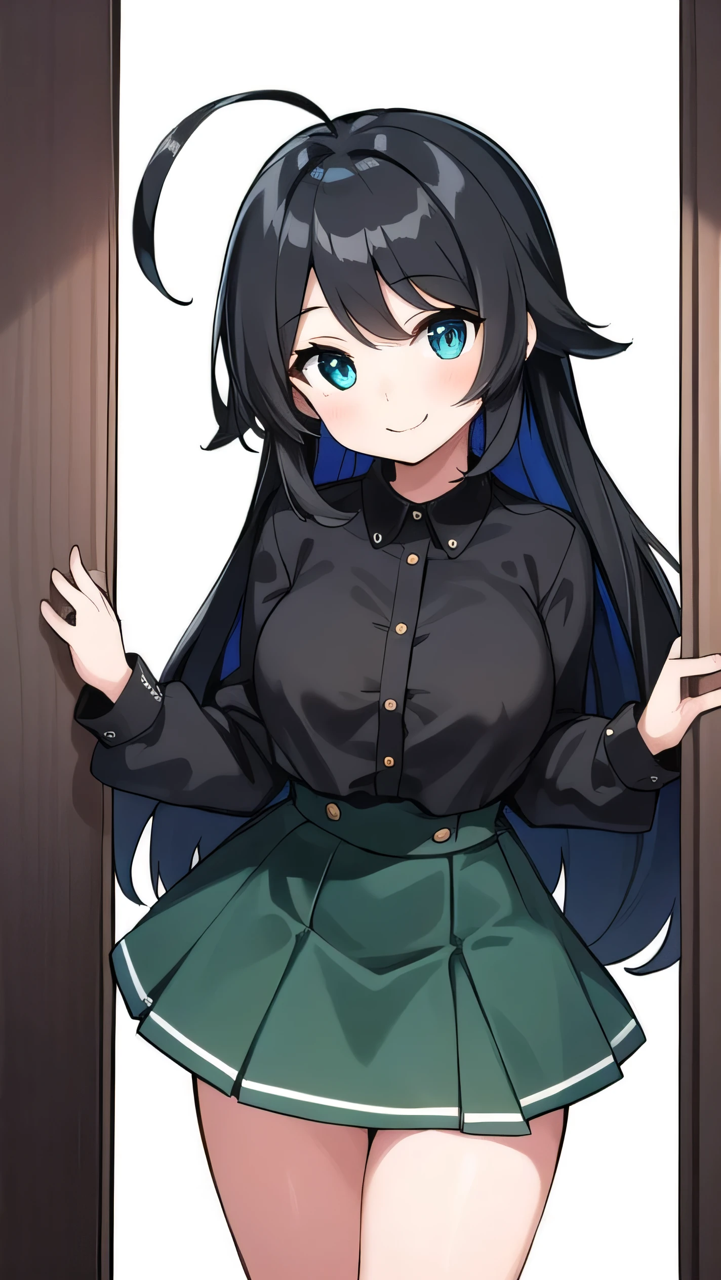  high schoolooks like an elementary school sty short:1.3), 140cm tall, bth a slight green tinge, short ahoge, beautiful long hair but with a little hair sticking out, beautiful round eyes, blue eyes, smile, boyish, long sleeves , thick clothes, skirt, big breasts, hair longer than waist, long hair, young face, dark greenish black hair, gentle smile, a little shy, skirt is black, hair is black but has a slight green tinge, boyish and gentle smile I have.
