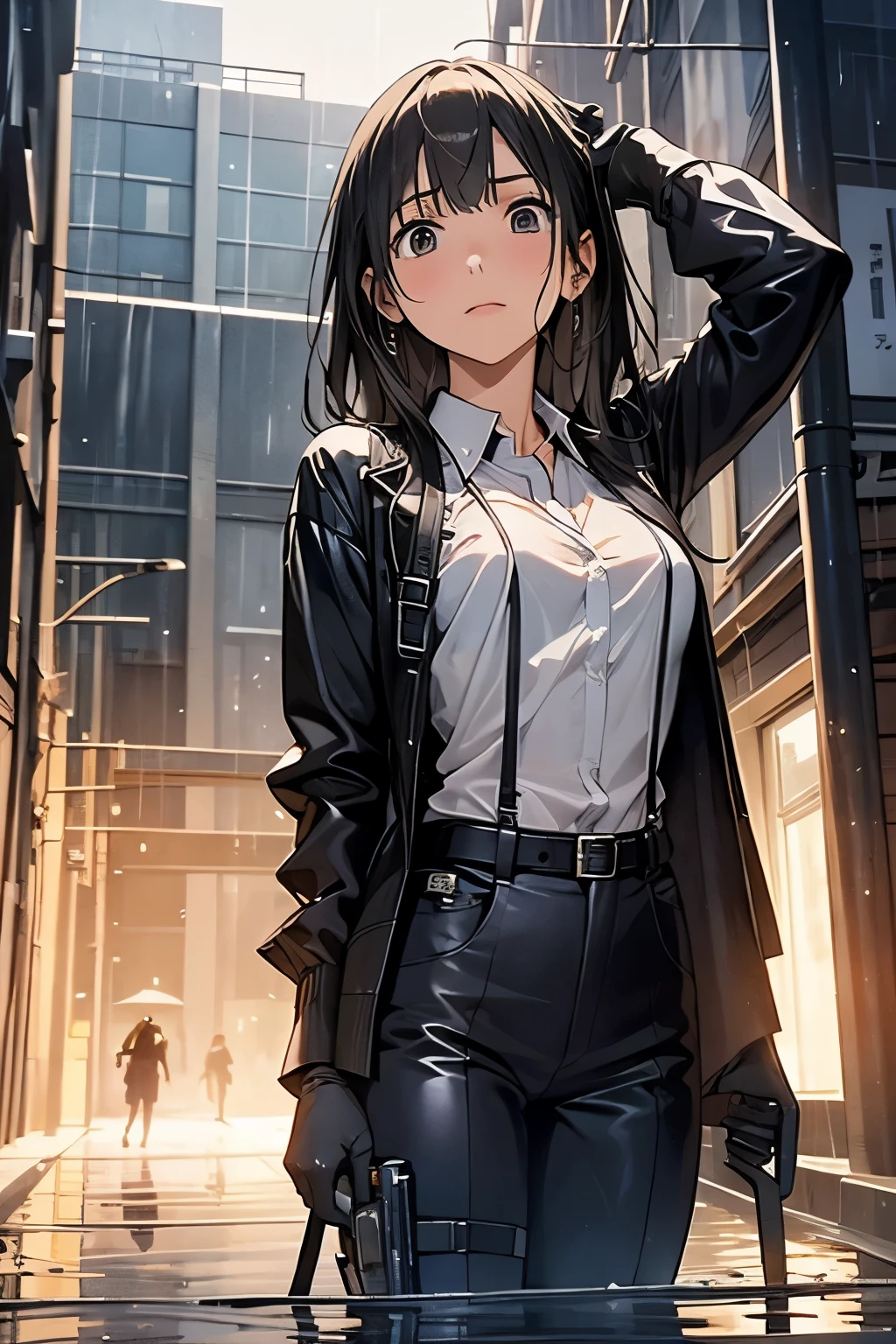 1 female, , high quality, masterpiece, Ultra-high resolution, , Cinema Lighting, , , And the suspenders with the cranes flying Large Breasts Small face holster Lying in bed Looking up Sweat belt summer 脇Sweat Black Hole Gloves suit shirt Black jacket Black trousers Leg Links ズボンにbelt holster Hands behind your back Anxious expression Looking up Anxious face, legs apart Armament Handgun handcuffs Cable ties レッグholster holster See-through clothing heavy rain Getting wet in the rain