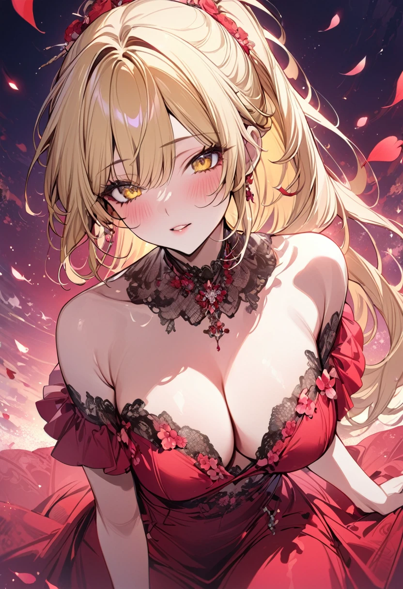 Highest quality、masterpiece、High resolution、Long blonde hair 、ponytail、Yellow Eyes、Pale pink lipedium cleavage))、Red floral dress、flowerpunk、Vibrant colors、Flying petals