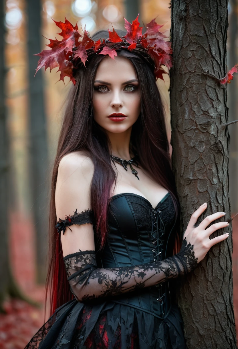 slender brunette with long hair in dark fantasy. Individual red strands in hair. a corset. black translucent fabric. lace. very beautiful forest witch. slender legs. peeking out from behind a tree. On the head there is a wreath of maple leaves, on the hands are bracelets made of flexible vines with leaves and thorns. One hand down. There is a branch with leaves in it.