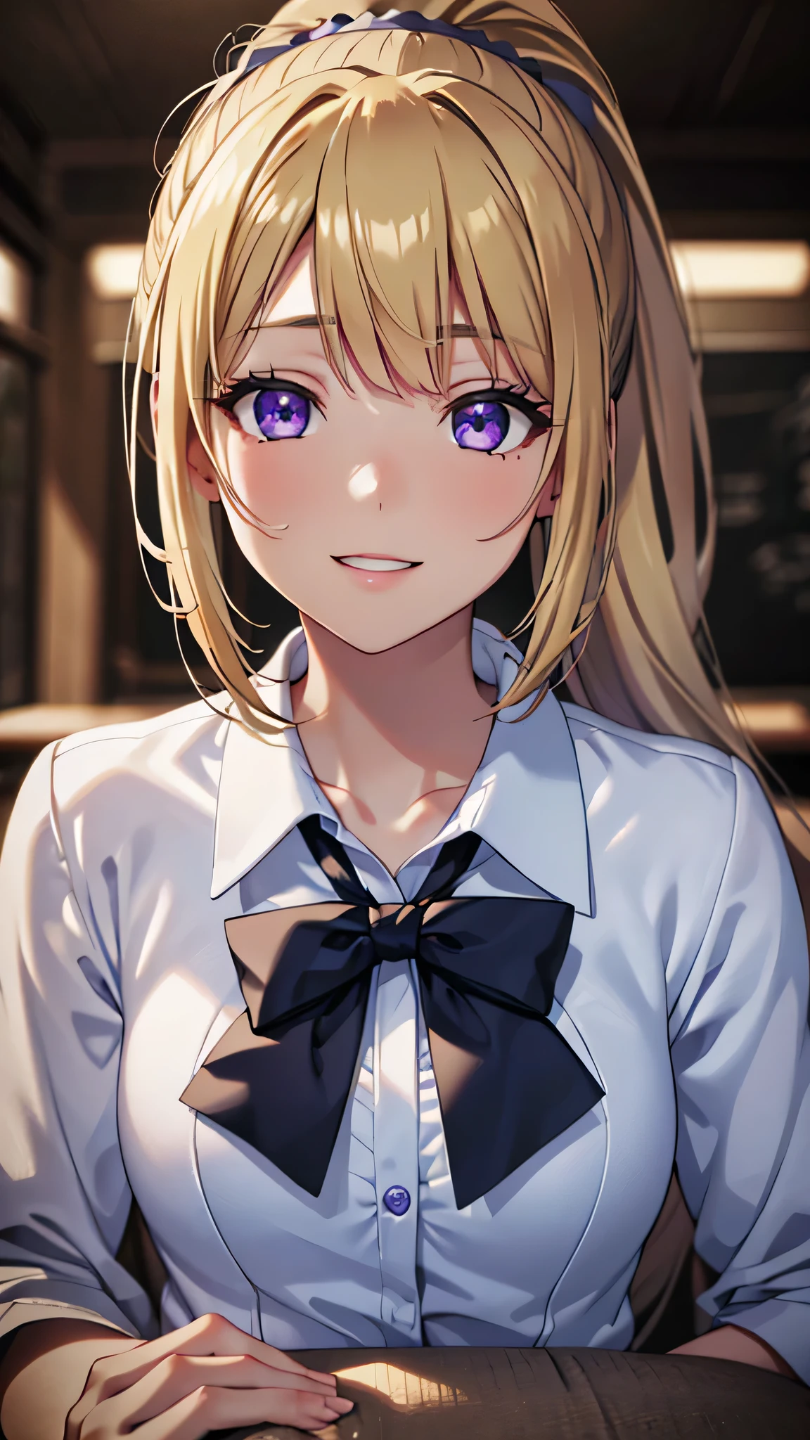 (masterpiece, best quality, absurdres), high quality, highres, ultra detailed, intricate, cinematic lighting, wallpaper, soft lighting, night, close-up, looking at viewer, beautiful woman, 1girl, parted lips, kei Karuizawa, small breasts, blonde hair, bangs, ponytail , detailed violet eyes, ((Super Realistic Detailed Eyes, glowing eyes)),  in classroom school, school outfits, large smile, smiling, focus on face