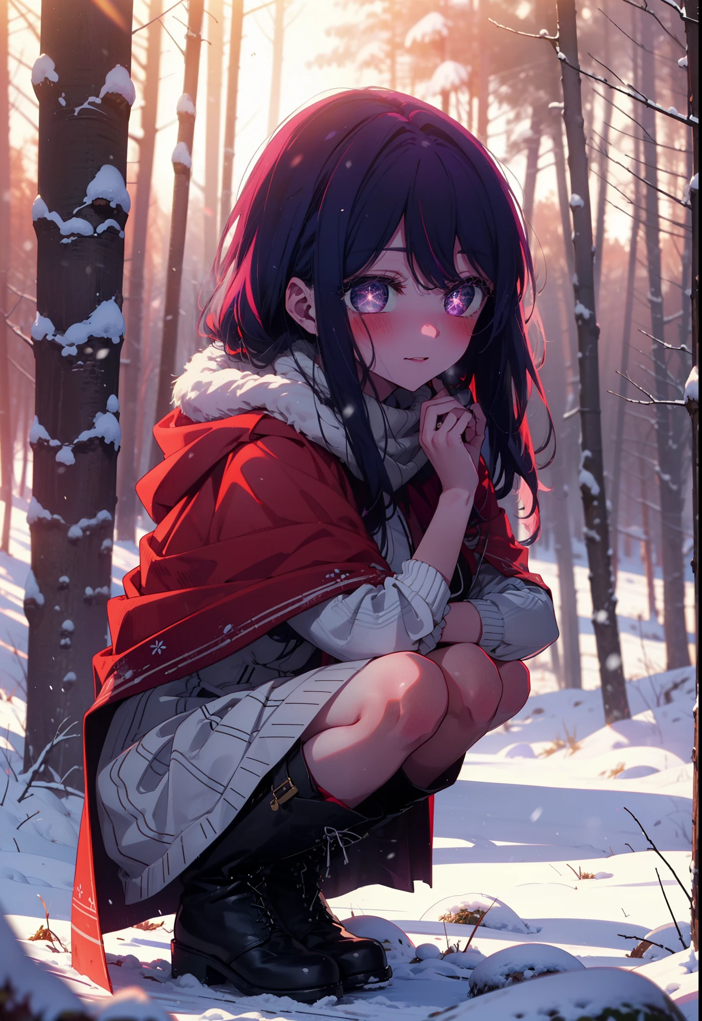 aihoshino, Ai Hoshino, Long Hair, bangs, (Purple eyes:1.1), Purple Hair, (Symbol-shaped pupil:1.5), smile,,smile,blush,white breath,
Open your mouth,snow,Ground bonfire, Outdoor, boots, snowing, From the side, wood, suitcase, Cape, Blurred, , forest, White handbag, nature, Squat, Mouth closed, Cape, winter, Written boundary depth, Black shoes, red Cape break looking at viewer, Upper Body, whole body, break Outdoor, forest, nature, break (masterpiece:1.2), Highest quality, High resolution, unity 8k wallpaper, (shape:0.8), (Beautiful and beautiful eyes:1.6), Highly detailed face, Perfect lighting, Extremely detailed CG, (Perfect hands, Perfect Anatomy),