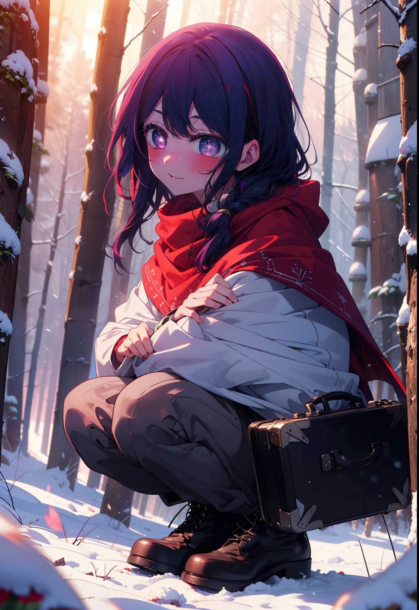 aihoshino, Ai Hoshino, Long Hair, bangs, (Purple eyes:1.1), Purple Hair, (Symbol-shaped pupil:1.5), smile,,smile,blush,white breath,
Open your mouth,snow,Ground bonfire, Outdoor, boots, snowing, From the side, wood, suitcase, Cape, Blurred, , forest, White handbag, nature,  Squat, Mouth closed, Cape, winter, Written boundary depth, Black shoes, red Cape break looking at viewer, Upper Body, whole body, break Outdoor, forest, nature, break (masterpiece:1.2), Highest quality, High resolution, unity 8k wallpaper, (shape:0.8), (Beautiful and beautiful eyes:1.6), Highly detailed face, Perfect lighting, Extremely detailed CG, (Perfect hands, Perfect Anatomy),