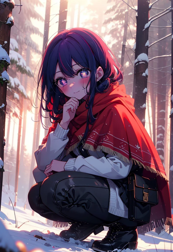 aihoshino, Ai Hoshino, Long Hair, bangs, (Purple eyes:1.1), Purple Hair, (Symbol-shaped pupil:1.5), smile,,smile,blush,white breath,
Open your mouth,snow,Ground bonfire, Outdoor, boots, snowing, From the side, wood, suitcase, Cape, Blurred, , forest, White handbag, nature, Squat, Mouth closed, Cape, winter, Written boundary depth, Black shoes, red Cape break looking at viewer, Upper Body, whole body, break Outdoor, forest, nature, break (masterpiece:1.2), Highest quality, High resolution, unity 8k wallpaper, (shape:0.8), (Beautiful and beautiful eyes:1.6), Highly detailed face, Perfect lighting, Extremely detailed CG, (Perfect hands, Perfect Anatomy),