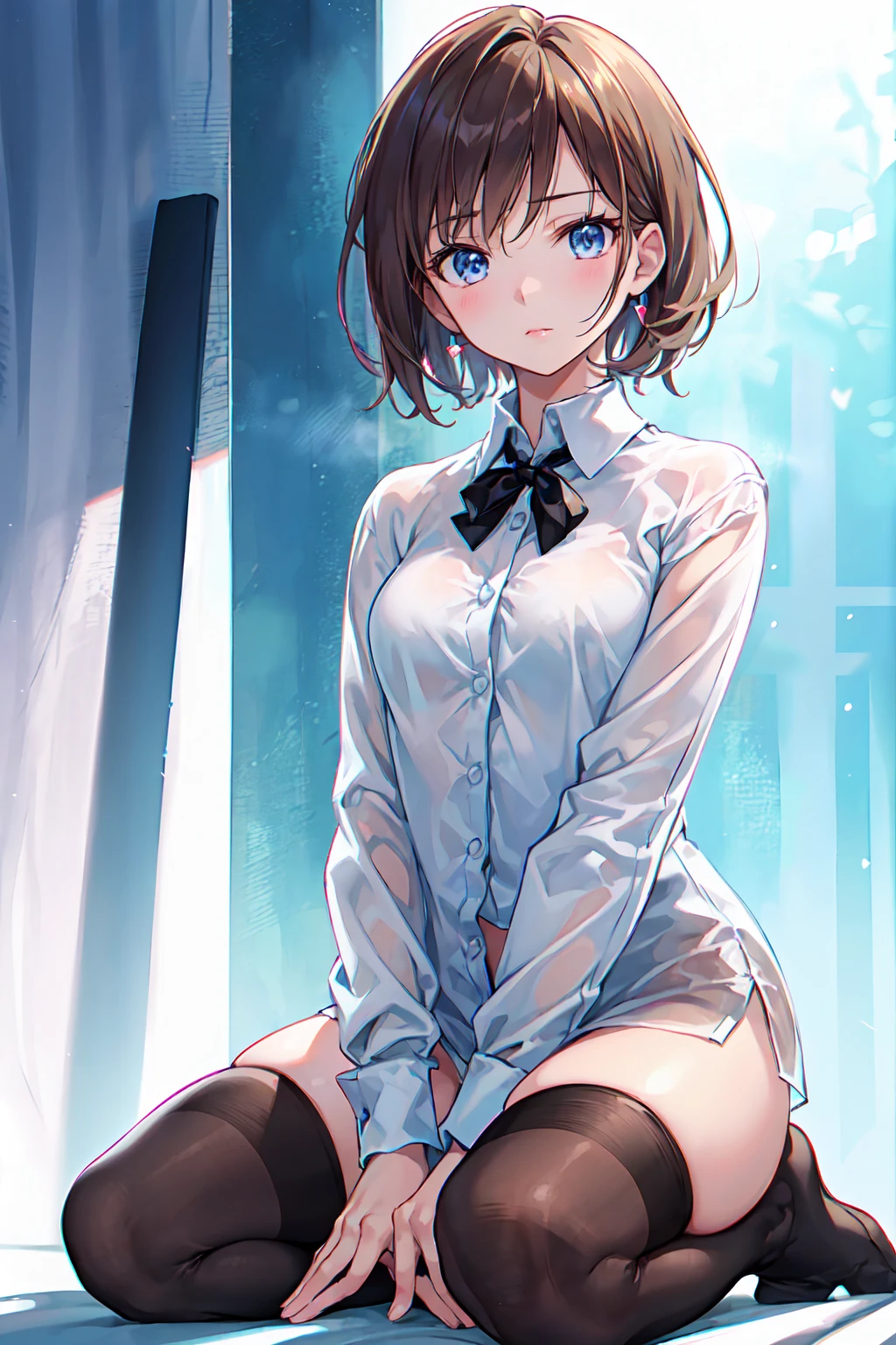 Gentle expression, Kneel, Place your hands between your legs,Brown Hair , short hair, (8k, RAW Photos, Realistic:1.25) ,( Lip gloss, eyelash, Glossy face, Glowing Skin, Highest quality, Ultra-high resolution, Written boundary depth, chromatic aberration, Caustics, Wide Light, Natural Shadows, K-POPアイドル) she、She gazes at the viewer with the serenity and bliss of a goddess.。., whole body, Small breasts, White underwear, Black Stockings, See-through shirt, White shirt, secretary