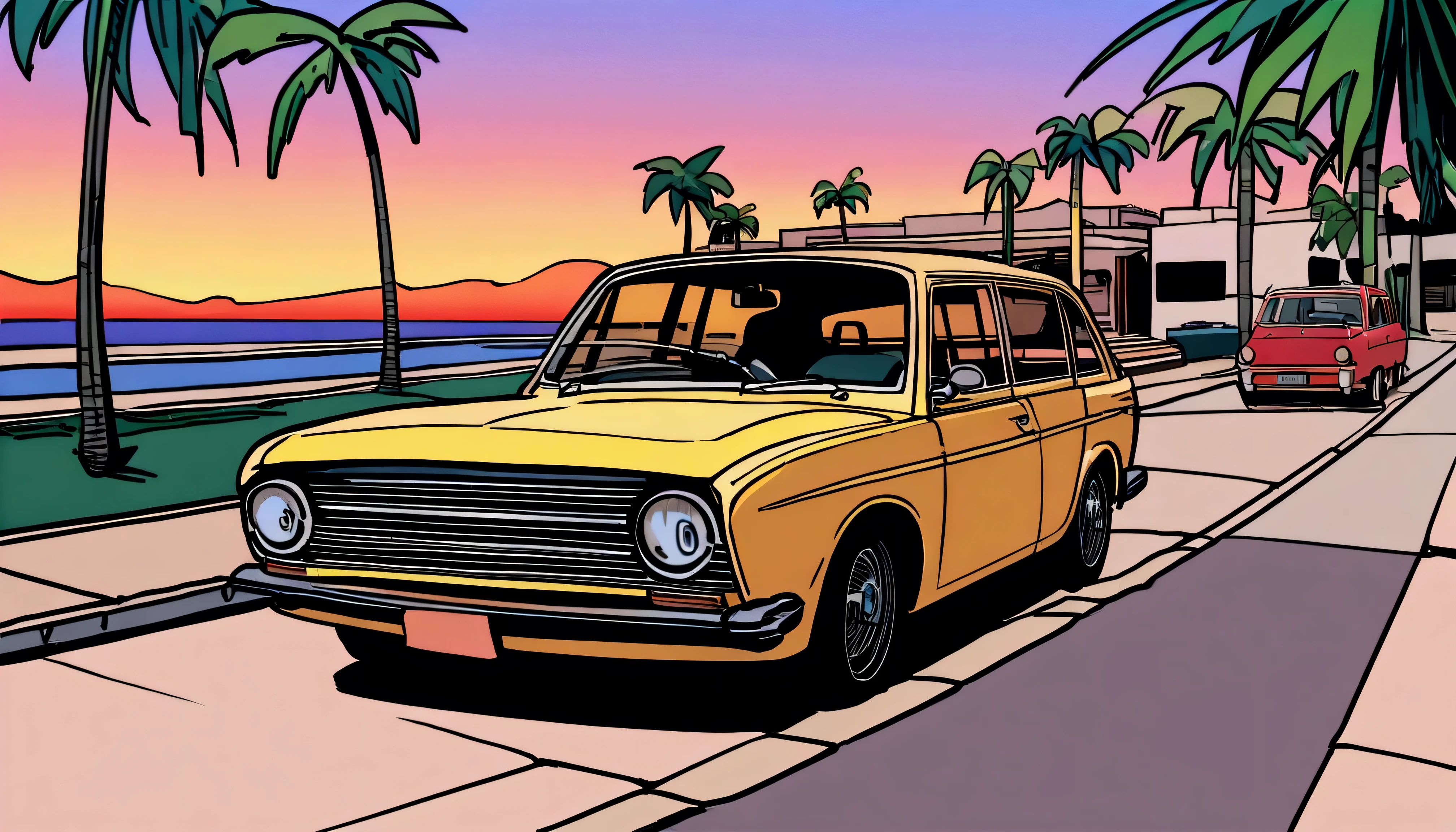 ((TShirt Design)), Ford Anglia Super 123E, Sunset background, Palm tree, Layers with 5 colors, Corner Street, Belek's Drums, Plethean,