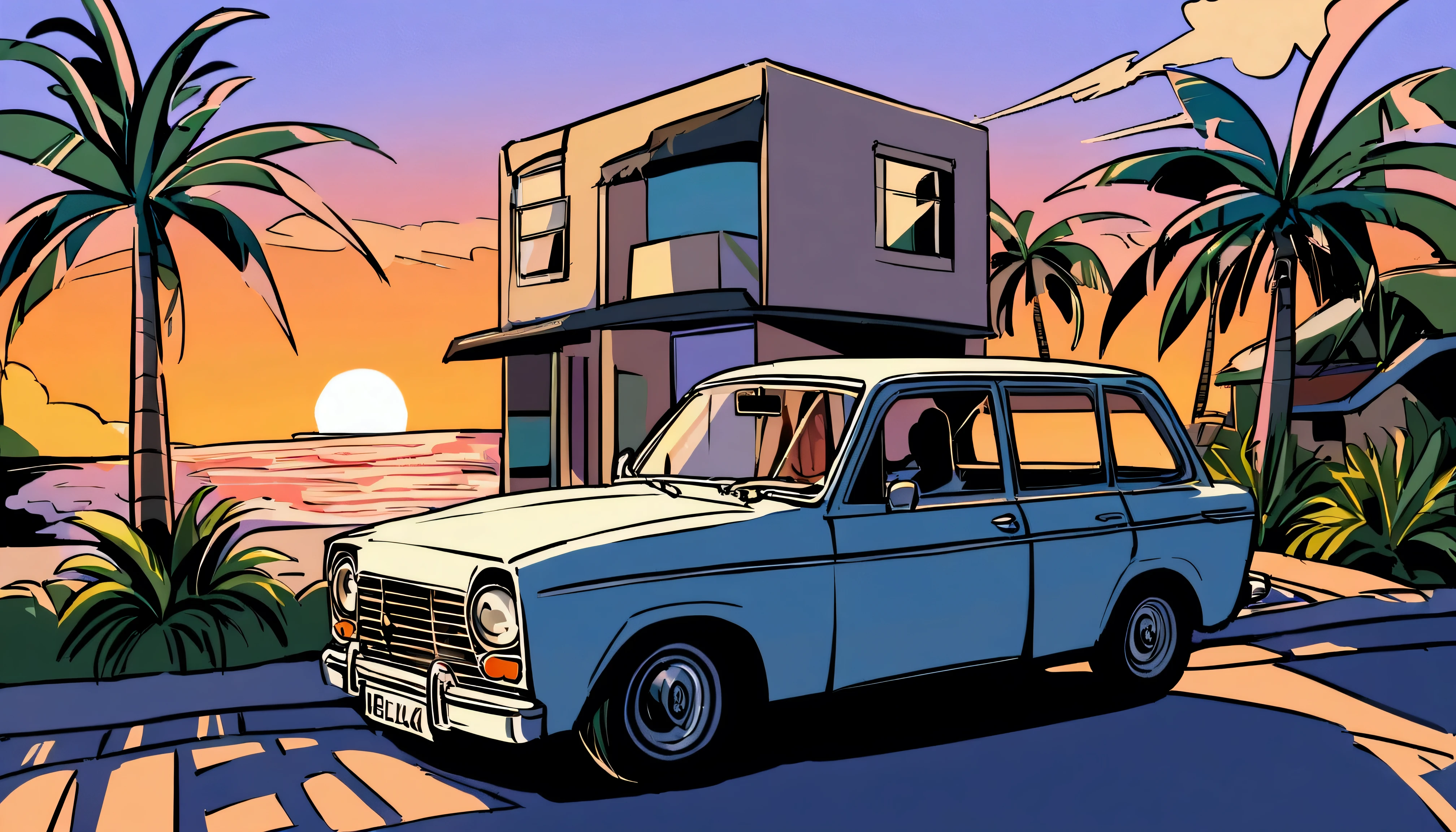 ((TShirt Design)), Ford Anglia Super 123E, Sunset background, Palm tree, Layers with 5 colors, Corner Street, Belek's Drums, Plethean,