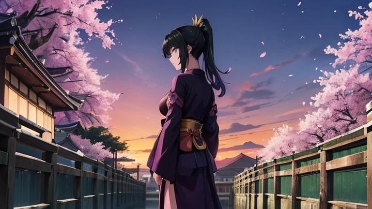 high resolution、anime、One Woman、Samurai costume、Long Hair、ponytail、Her hair is deep green、((Facing forward))、Kyoto street corner、((Standing facing the viewer on Gojo Bridge in Kyoto))、Full body portrait、At dusk、The backlight is too bright、No one else、Purple Sky、The color of the clothes is cherry blossom pink.、