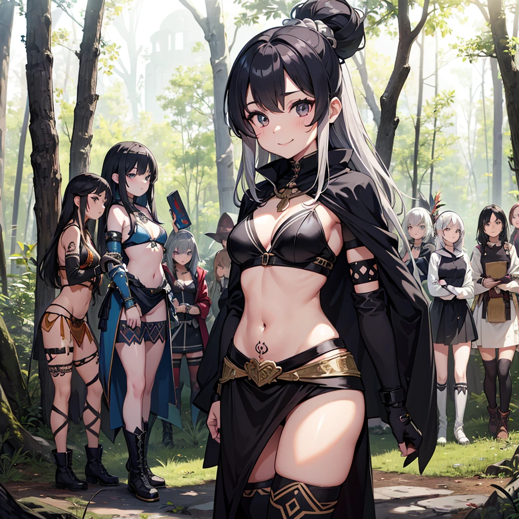 a group of sexy witch in the middle of a forest in the night, tribal witch, wild girl,belly tattoo, tribal tattoos, skirt , tribal clothing, ,multiple girls, five girls, light armor ,elbow pads, knee pads, silver an black hair , silver hair , standing girl young girl, gloves, elbow pads, boots, smiles