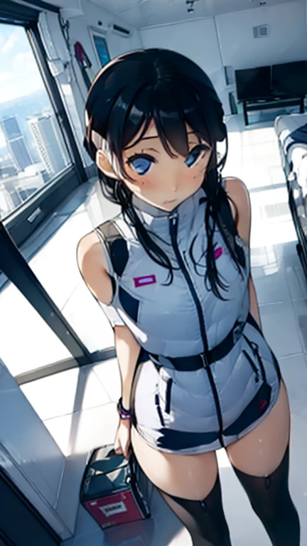 (Highest quality), (masterpiece), 1080P, High resolution, 4K, 8k, Thigh straps, Shooting from directly below, The woman on top of me, Nipples, 白いSweat, Covered , Sweat, Woman looking down, Micro Bikini, Skirt swimsuit, Thigh-high socks, To achieve this, , Small breasts, whole body, Black leather shoes, Braided hair, Inner Color, Embarrassed face, Short black hair, bracelet, Bedroom,celestial body_Vest