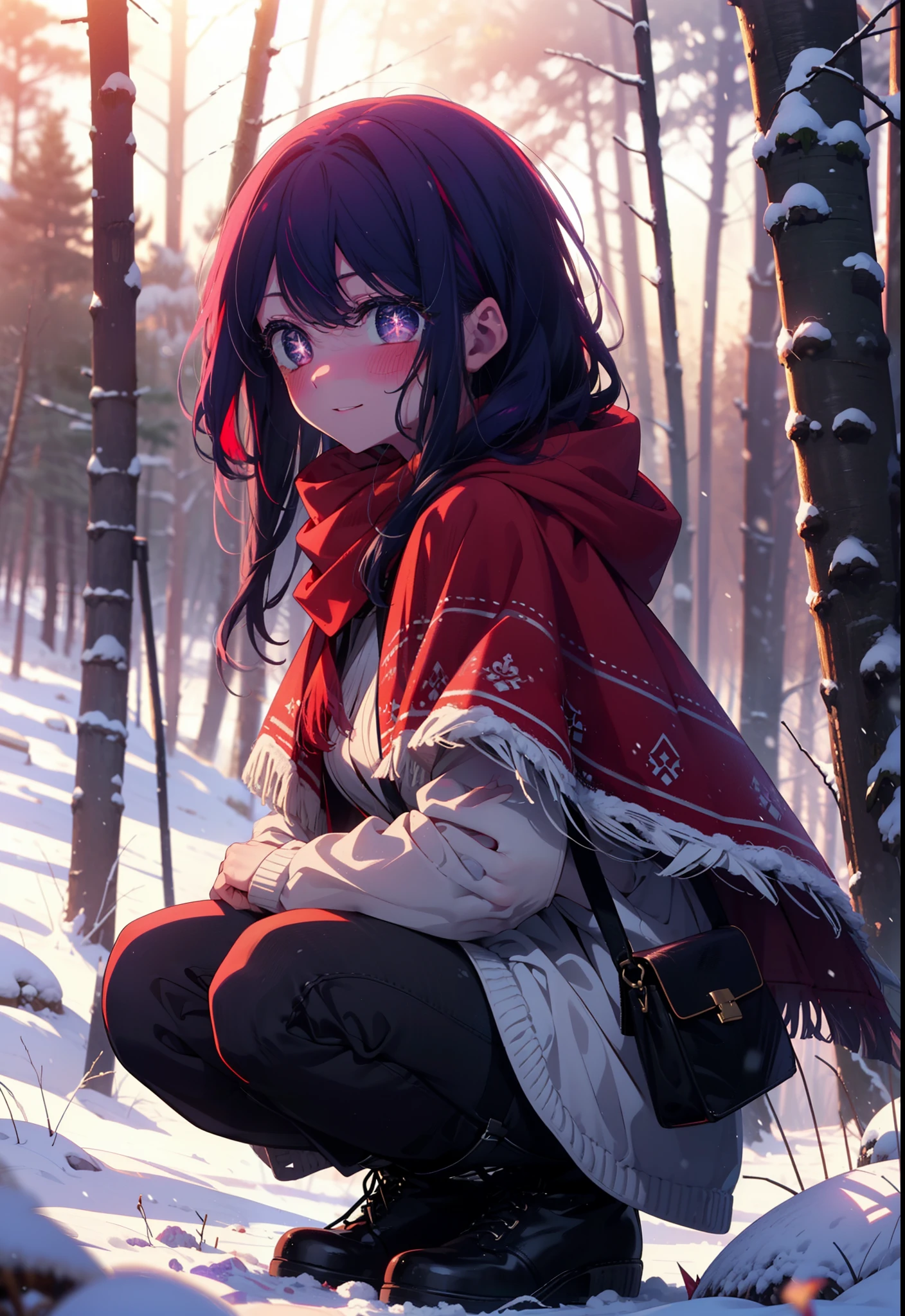 aihoshino, Ai Hoshino, Long Hair, bangs, (Purple eyes:1.1), Purple Hair, (Symbol-shaped pupil:1.5), smile,,smile,blush,white breath,
Open your mouth,snow,Ground bonfire, Outdoor, boots, snowing, From the side, wood, suitcase, Cape, Blurred, , forest, White handbag, nature, Squat, Mouth closed, Cape, winter, Written boundary depth, Black shoes, red Cape break looking at viewer, Upper Body, whole body, break Outdoor, forest, nature, break (masterpiece:1.2), Highest quality, High resolution, unity 8k wallpaper, (shape:0.8), (Beautiful and beautiful eyes:1.6), Highly detailed face, Perfect lighting, Extremely detailed CG, (Perfect hands, Perfect Anatomy),