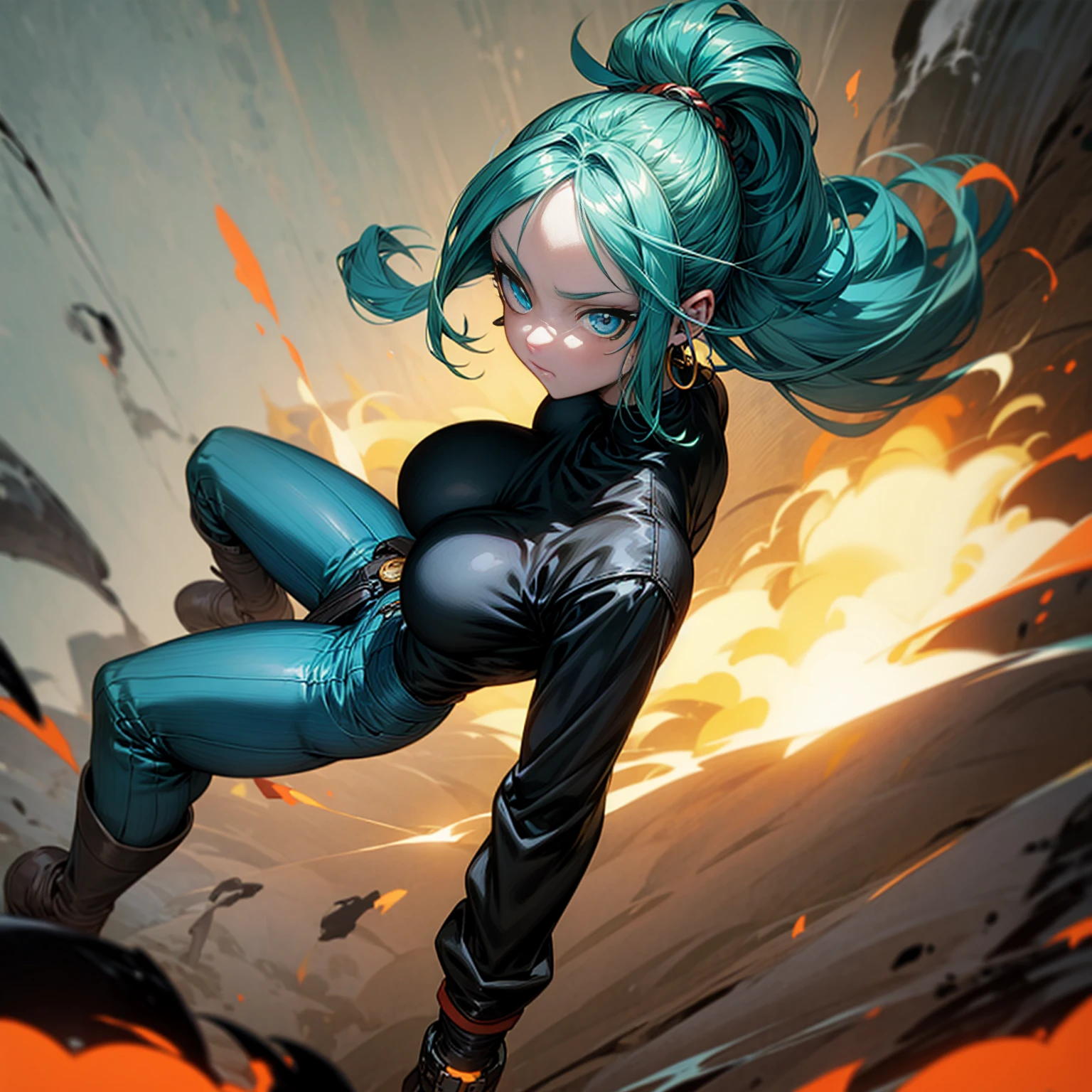 Solo character, young girl, full body version, blue eyes, green hair, long Curly hairstyle, ponytail, black t-shirt, long jeans, white boots, gloves, big breasts, Grassroots, background in street city, evening day, (one piece style art), standing battle gesture, hand gun in hand, smoke effect, fire effect, blood on background, happy eyes, Hoop earrings, behind angle view 